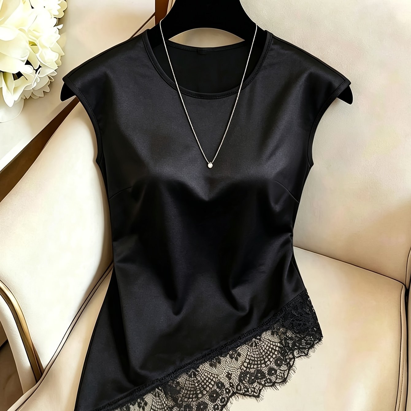 TEMU Women's Lace Trim Sleeveless T-shirt, Short Sleeve T-shirt, No Accessories