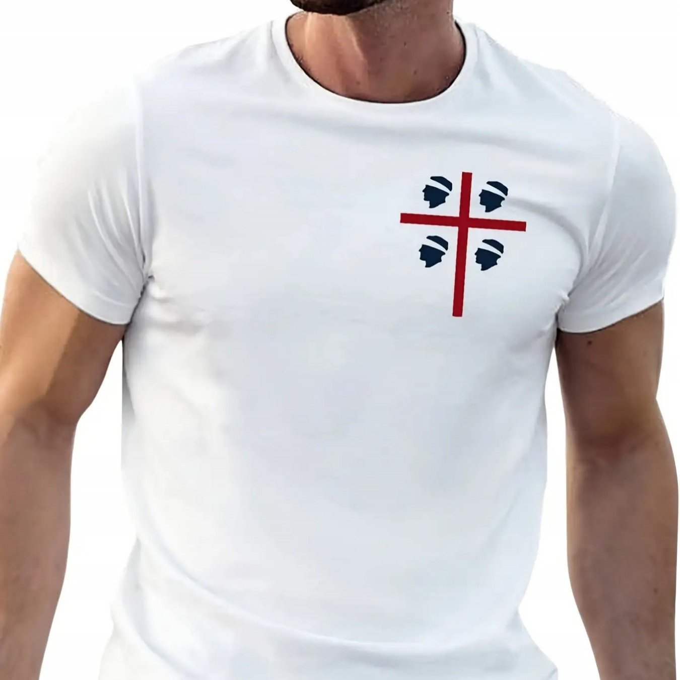 Of , Sardinia Men's T-shirt- White Crew Neck T-shirt With Red And Blue Badge, Regular Fit Casual Shirt Suitable For Daily And Formal Occasions, Suitable For , Durable , Italian Pride, Comfo