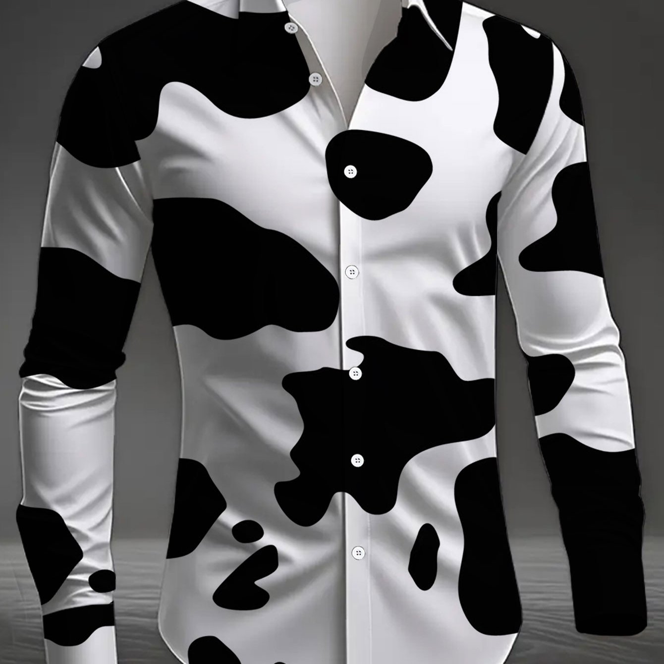 TEMU Men's Casual Shirt, Comfortable And Versatile Standard Size Long Sleeve Shirt, Party Clubwear, Top, Cow Print Pattern, Black And , Fashionable