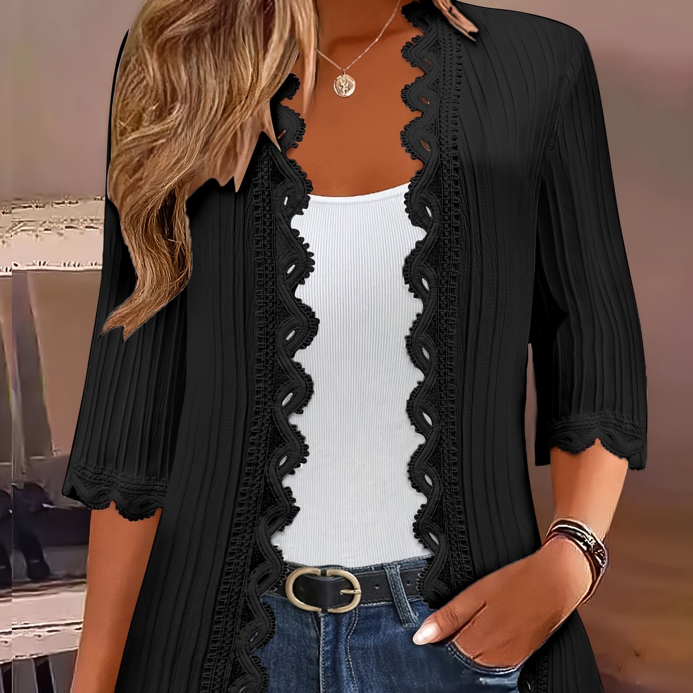 TEMU Blouse et décontractée pour femme, cardigan à manches trois-, ouvert sur le devant, de couleur unie avec patchwork et bordure en dentelle