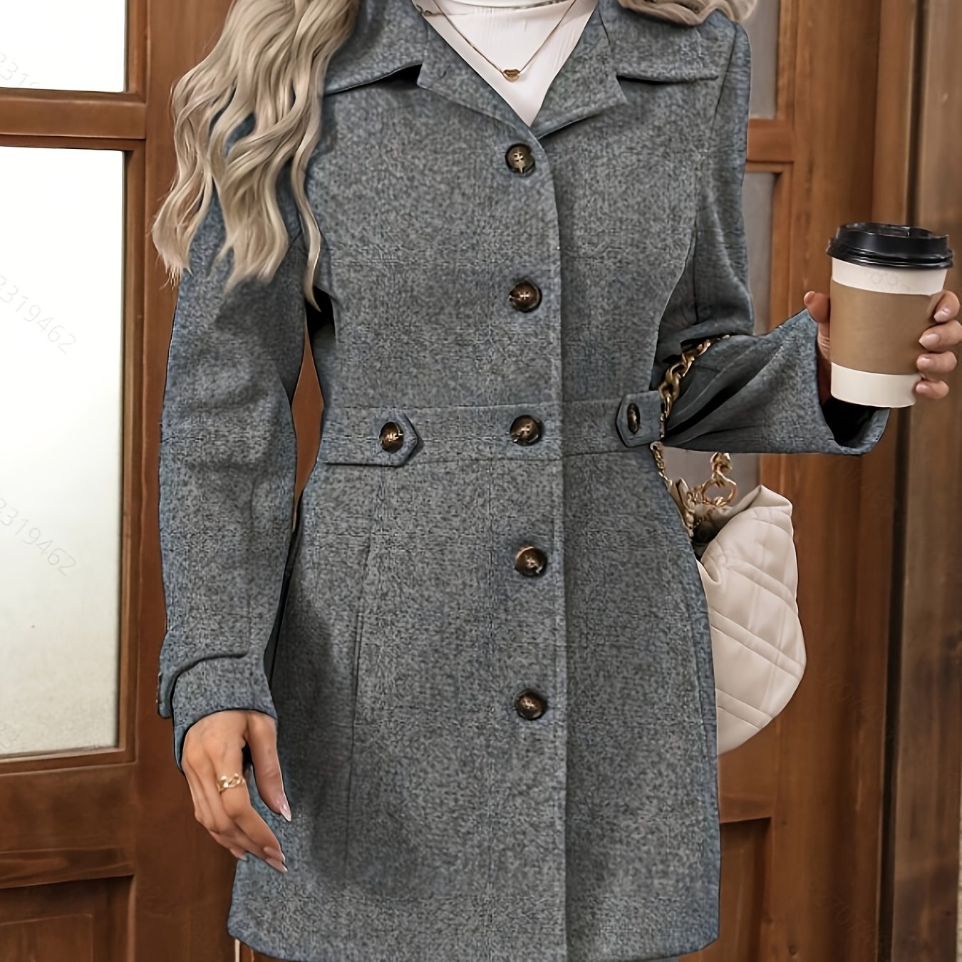 TEMU Elegant Women's Fashion Tweed, Stylish Waist-cinching Mid-length Solid Color New Autumn/winter Overcoat