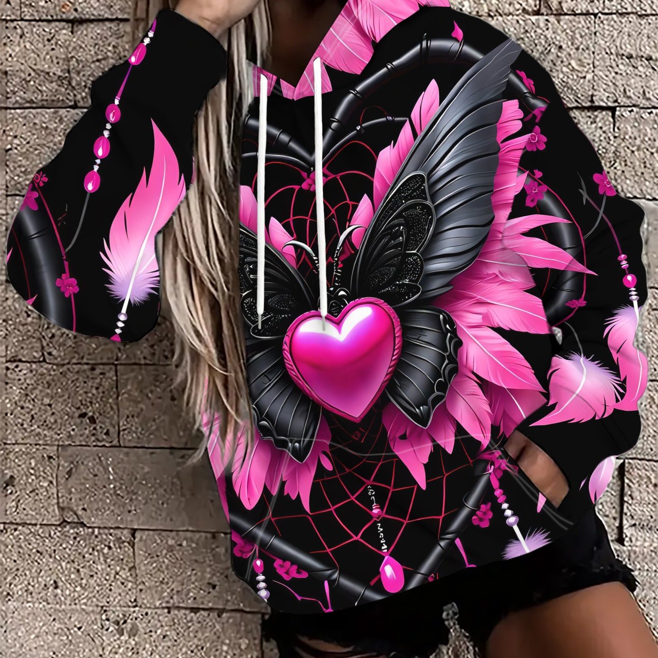 TEMU Women's Printed Casual Holiday Sweatshirt - Black Heart Dreamcatcher, Pink , Peach Heart Floral Accent, Mysterious Romantic Seasonal Fashion,