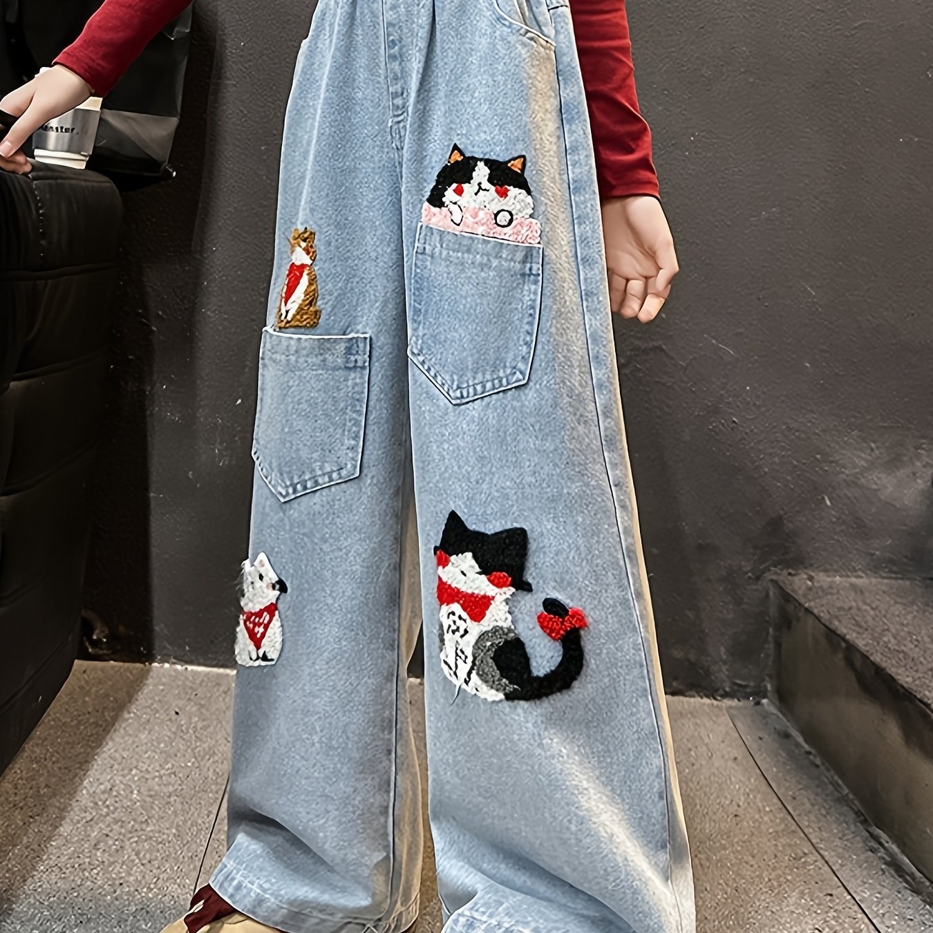 Image of Girls' Cartoon Animal Embroidered Jeans - Elastic Waist Straight-leg Loose Fit Casual Pants With Cute & Dog Designs, Light Denim For Spring Summer Fall Outdoor Play, Dance, And School, , Design