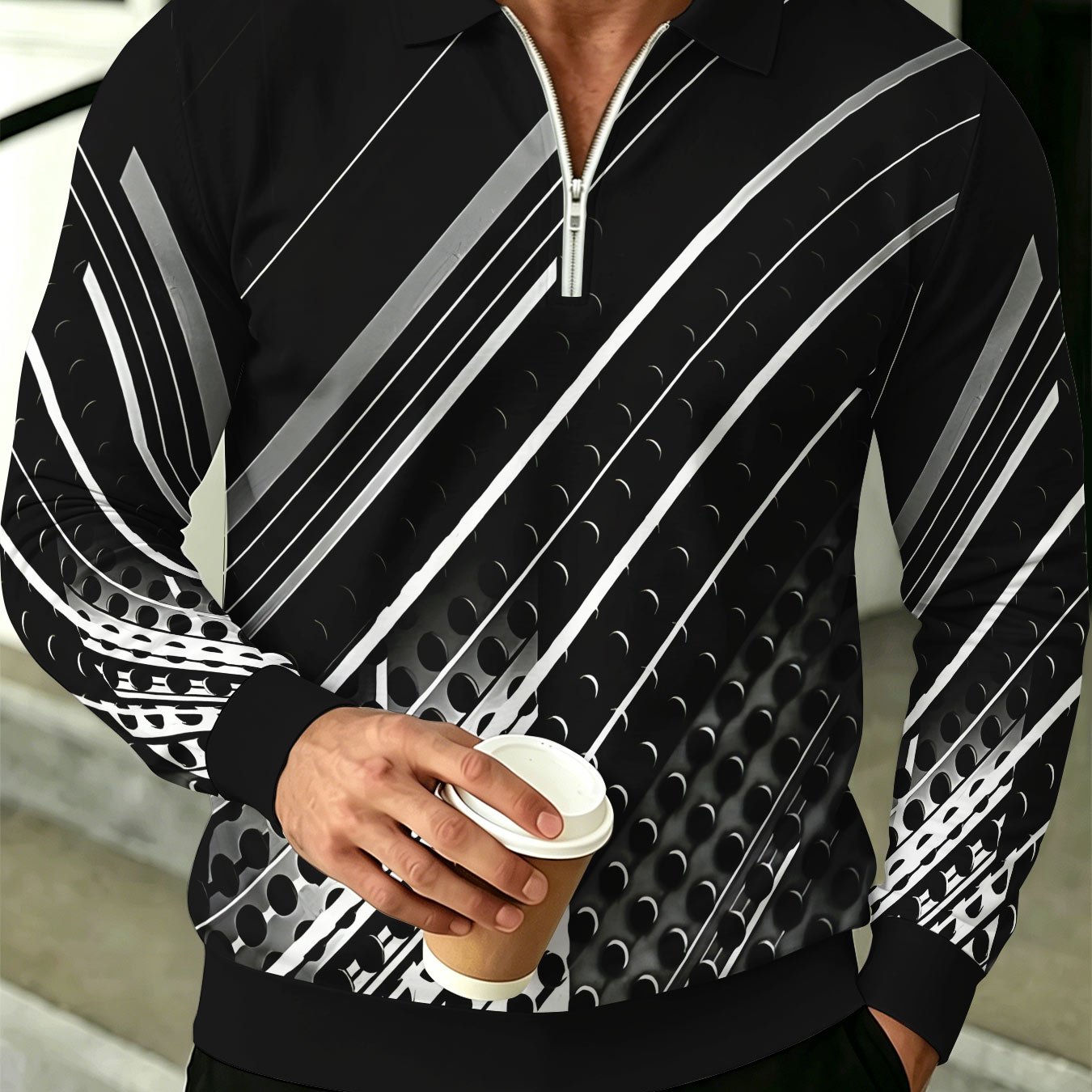 TEMU Men's Color-block Long Sleeve Shirt, Half-zip Lapel Casual Top With And Silvery-white Diagonal Stripe Gradient Polka Dot Geometric Print,