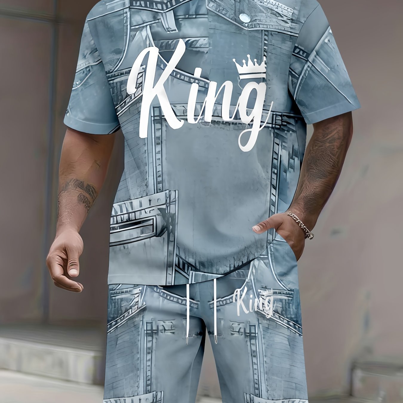 TEMU Conjunto de Estilo Denim Simple con Estampado Digital de King, Combinación de Camiseta de Manga Corta y Shorts Versátil para Hombres, Ideal para