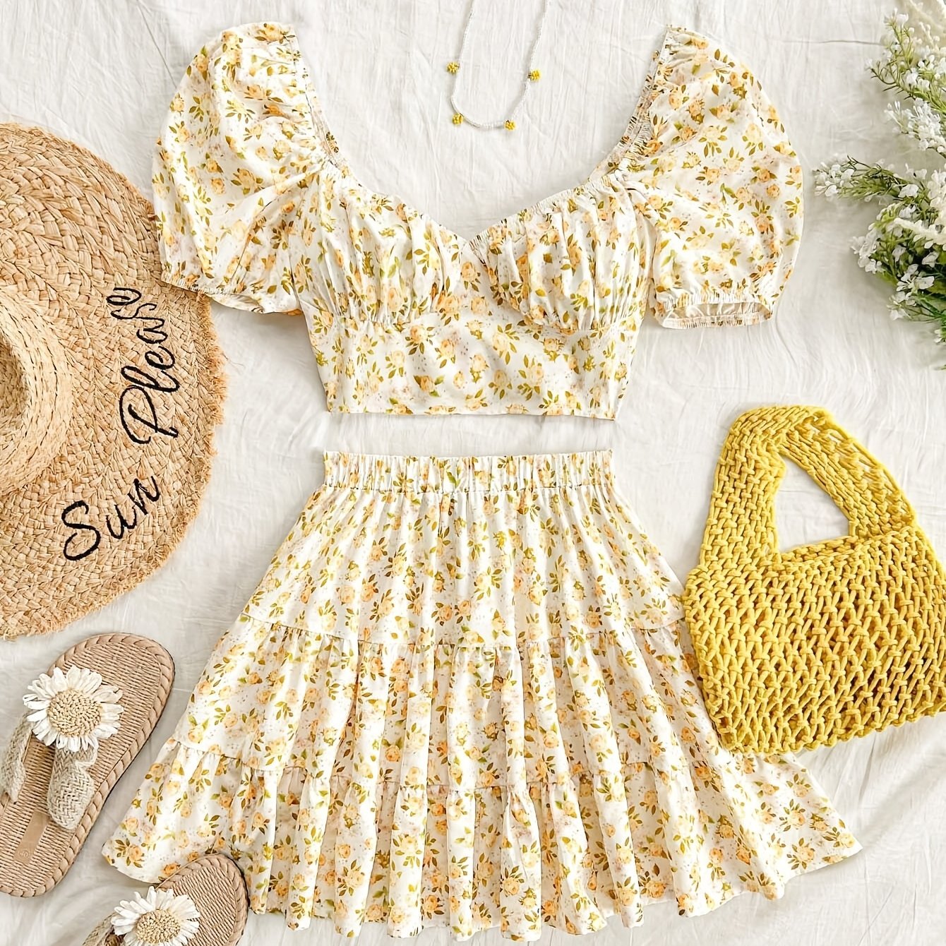 E-shop Damen Urlaub Blumenmuster Puffärmel Herzförmige Ausschnitt Top und 2-teiliges Set, Freizeit Outfit, Sommer