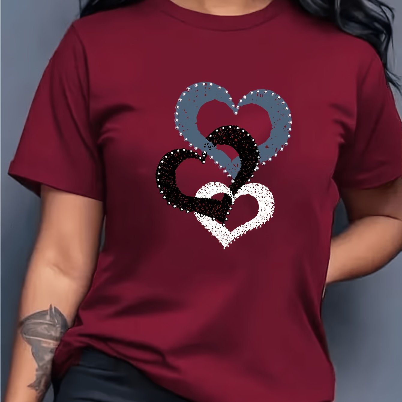 TEMU T-Shirt Sweatshirt Femme à Col Rond Manches Courtes, Imprimé Motif Trois Cœurs, Style Décontracté Sportif