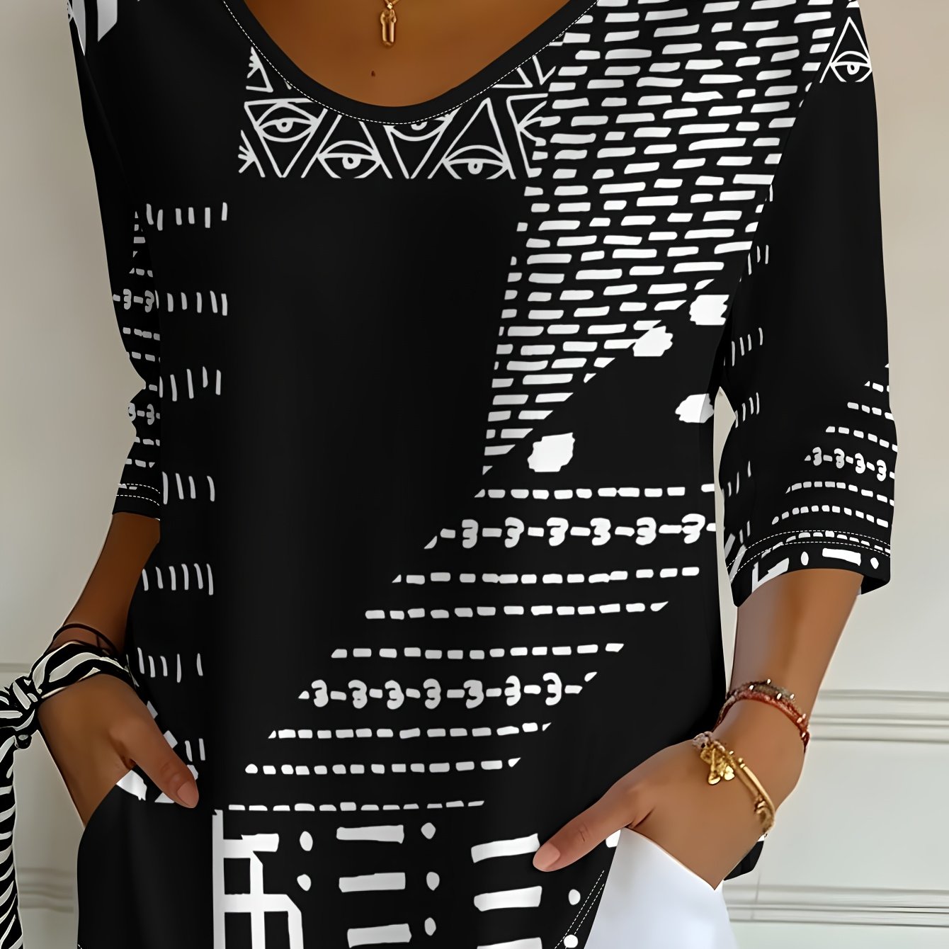 TEMU Women's Black And White Geometric Print V-neck Three-quarter Sleeve T-shirt, Spring And Autumn Casual Top