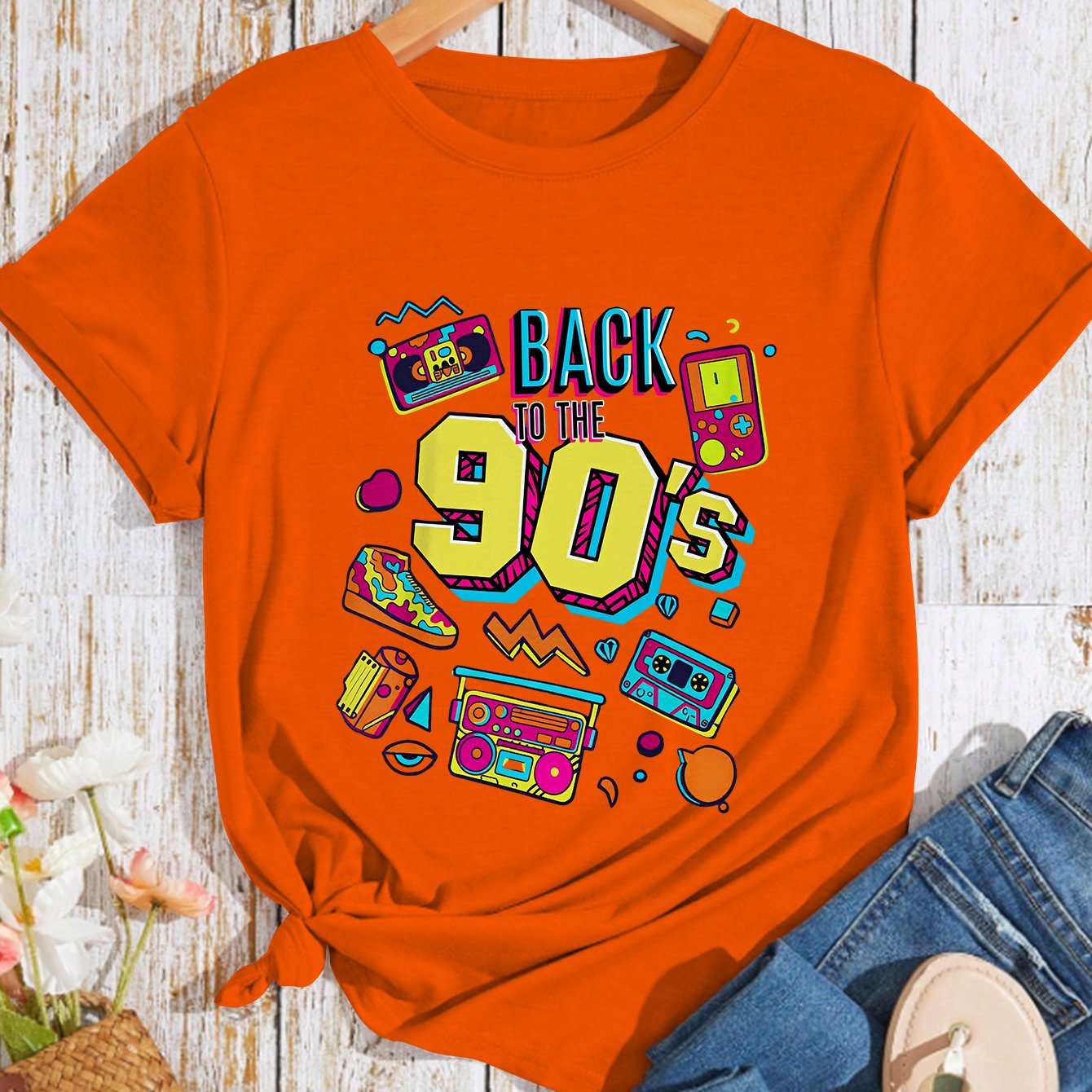 TEMU Relaxed And Lazy Simple New Short-sleeve 90s Vintage Game Console Print Crew Neck Daily Casual Fashion Vintage Style, Plus Size Women's