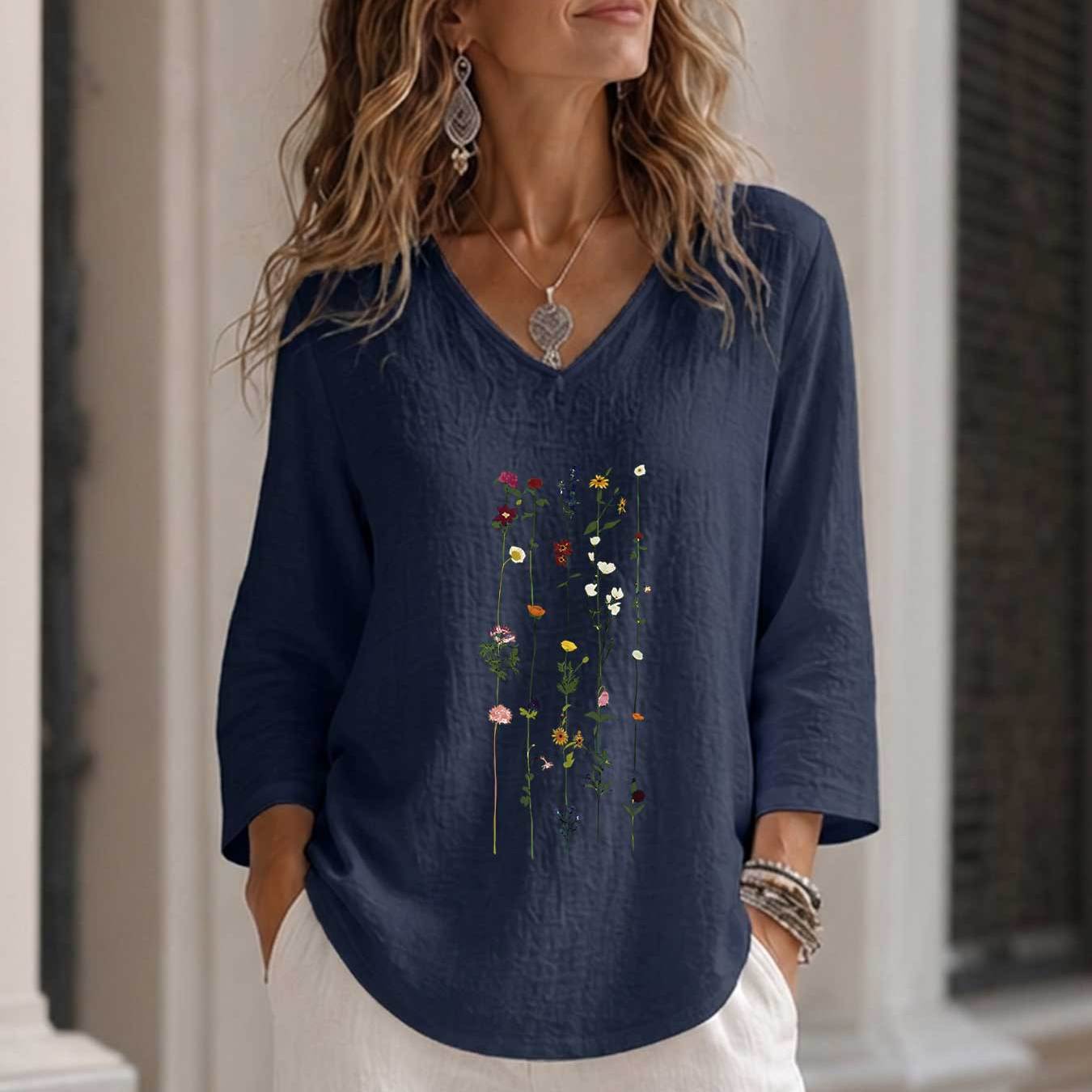 TEMU Haut pour femme simple et élégant pour les quotidiens, printemps/été, style avec imprimé floral et de branche, , respirant, col en V, manches -
