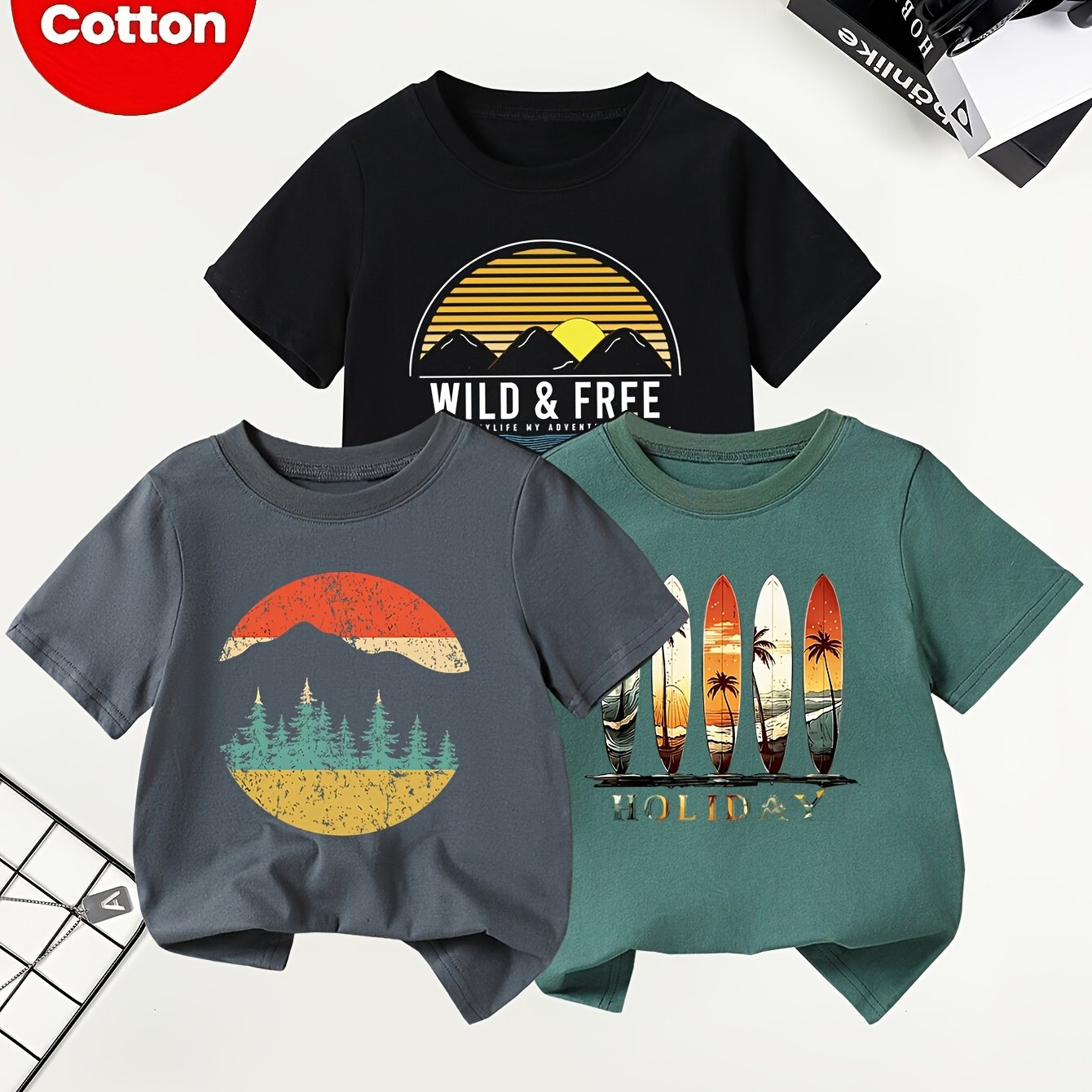 Three-piece Set Of Boys' Summer Short-sleeved "sunset Mountain Beach Surfboard" Print T-shirts