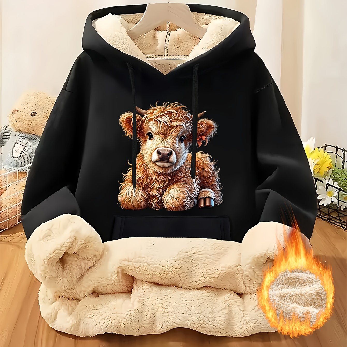 TEMU Winter: New Autumn And Winter Cute Calf Print Thickened And Velvet-lined Women's Hooded Sweater, With Drawstring Pockets, Suitable For Daily