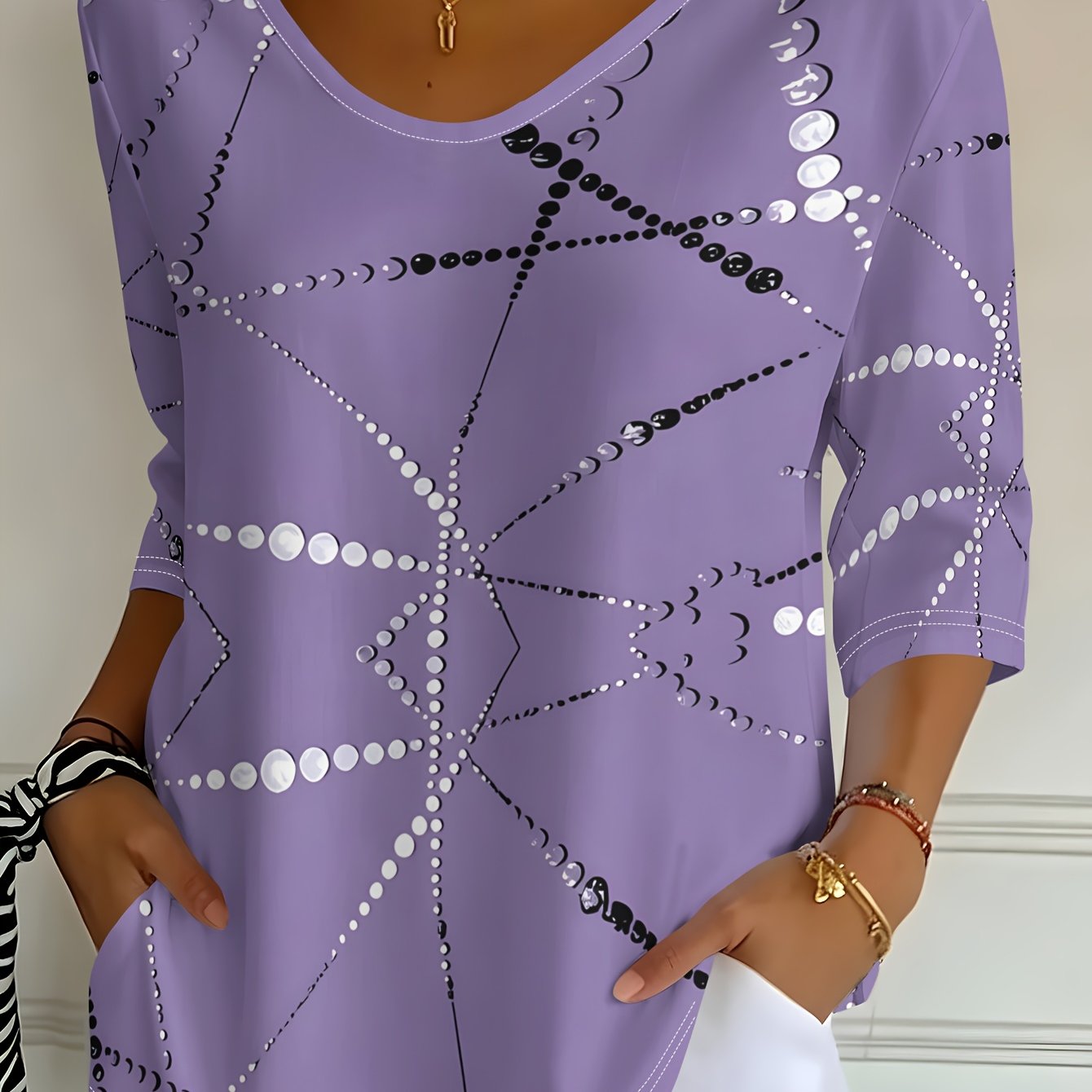 TEMU Women's Light Purple Geometric Bead String Printed Design - Not Textured/2d Printing Printed V-neck 3/4 Sleeve T-shirt, Spring Autumn Casual Top