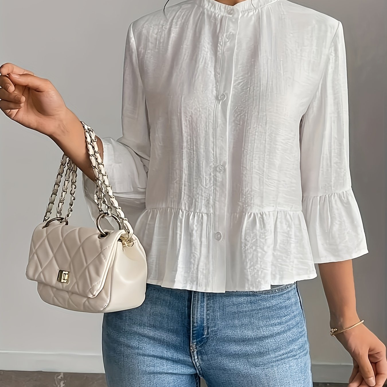 TEMU Women' Color Flared Sleeve Single-breasted Casual Shirt, Korean Fashion, Women's Winter Clothing
