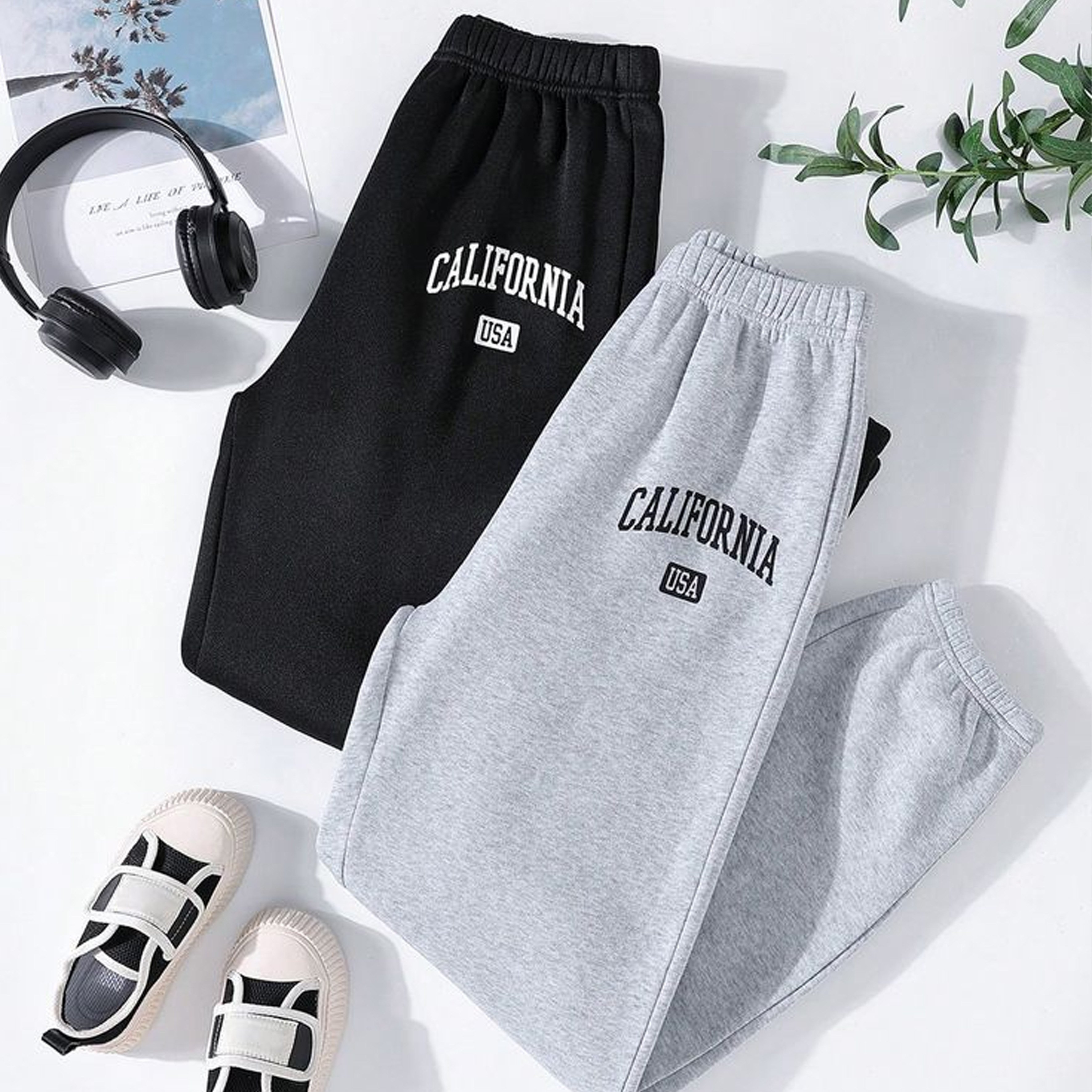 TEMU Of Casual Pants Featuring The "california Usa" Print, Showcasing Stylish Black And Gray Options. Comfortable And Trendy, Women's Elastic
