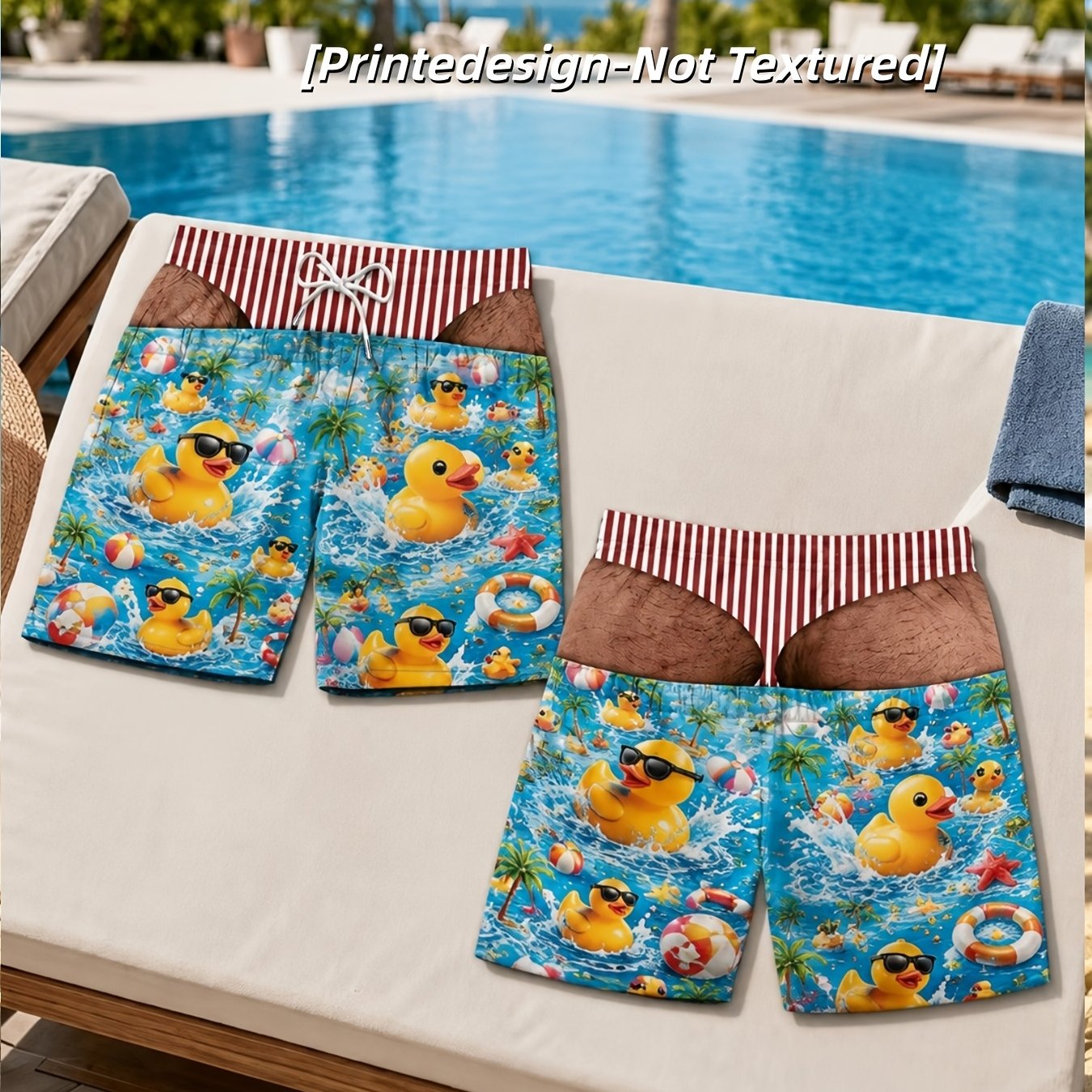 TEMU [printed Design - Not Textured] A Pair Of Men's Summer Shorts Featuring An Abstract, Versatile, And Trendy Style With A Fun Rubber Little Yellow