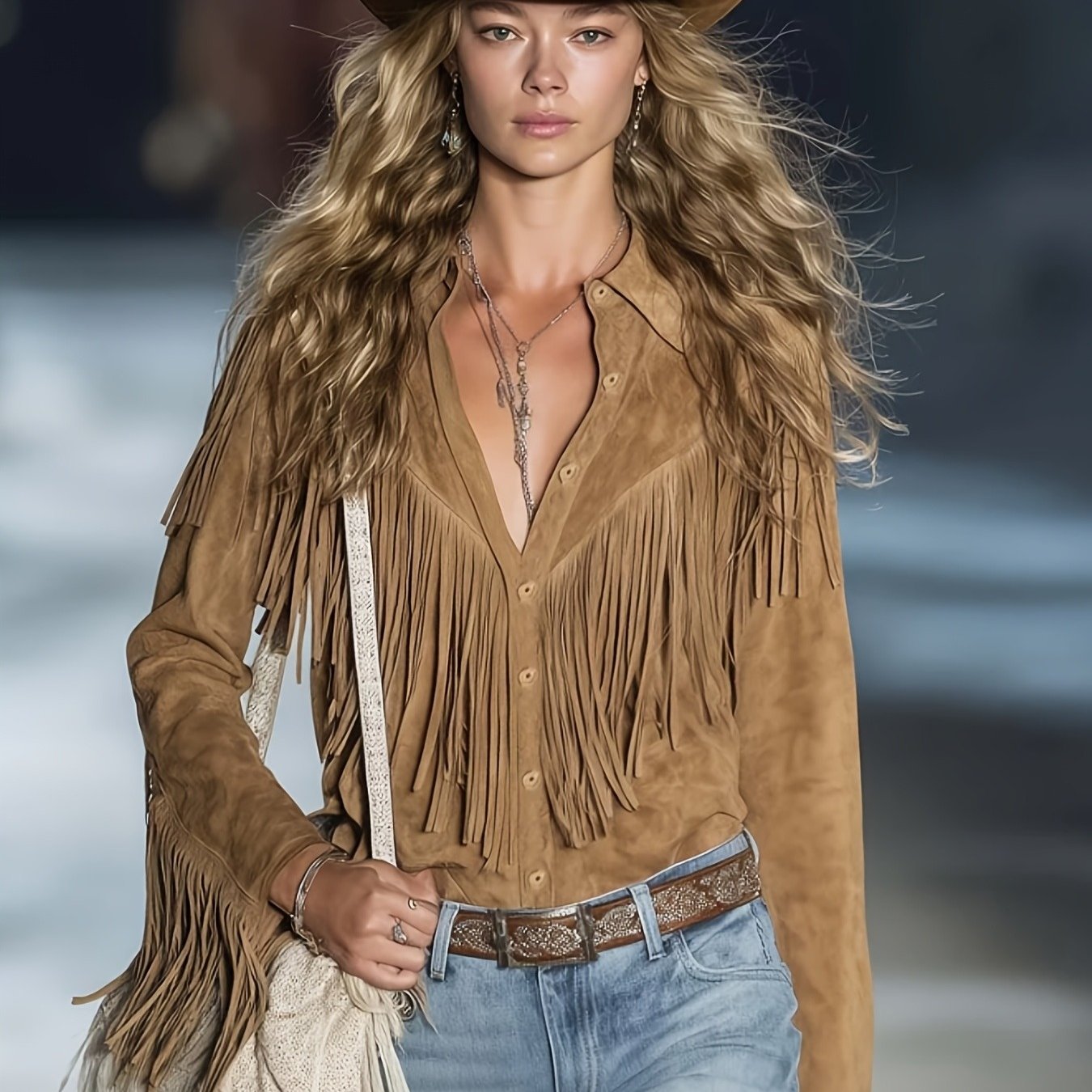TEMU Western Suede Shirt | Brown Denim-style Long Sleeve Cover-up | Vintage Bohemian Casual Top With Ruffle Trim And Suede Buttons | Western Cowgirl