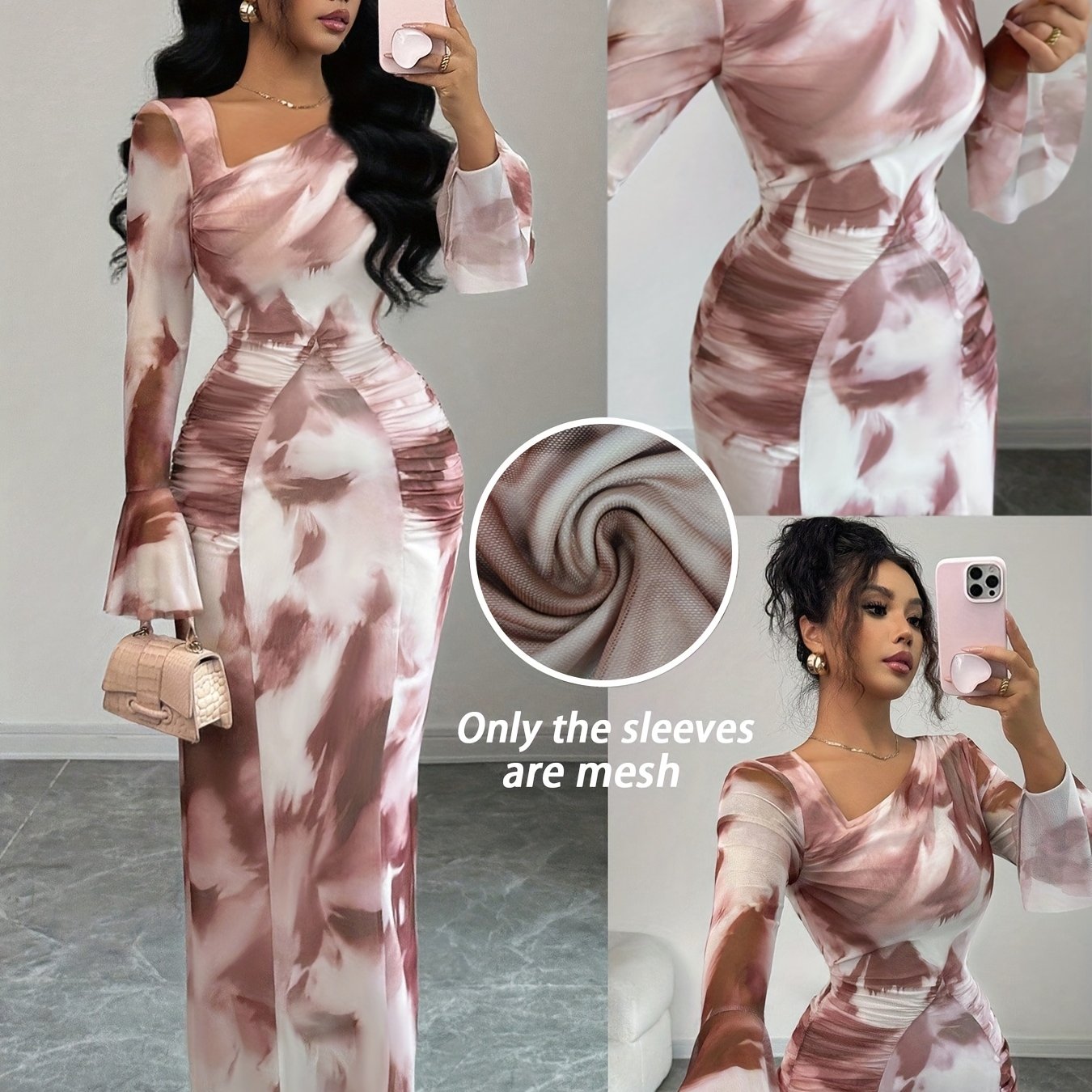 E-shop Elegantes und modisches neues Damen-Oberteil für Herbst und Winter mit floralem Batik-Print, gekerbtem Kragen, langen Ärmeln, ausgestellten
