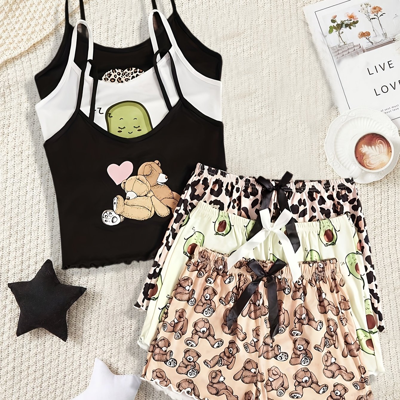 E-shop Dreiteiliges Set mit Hosenträger-Shorts, Cartoon-Freizeitkleidung, Pyjama für Zuhause