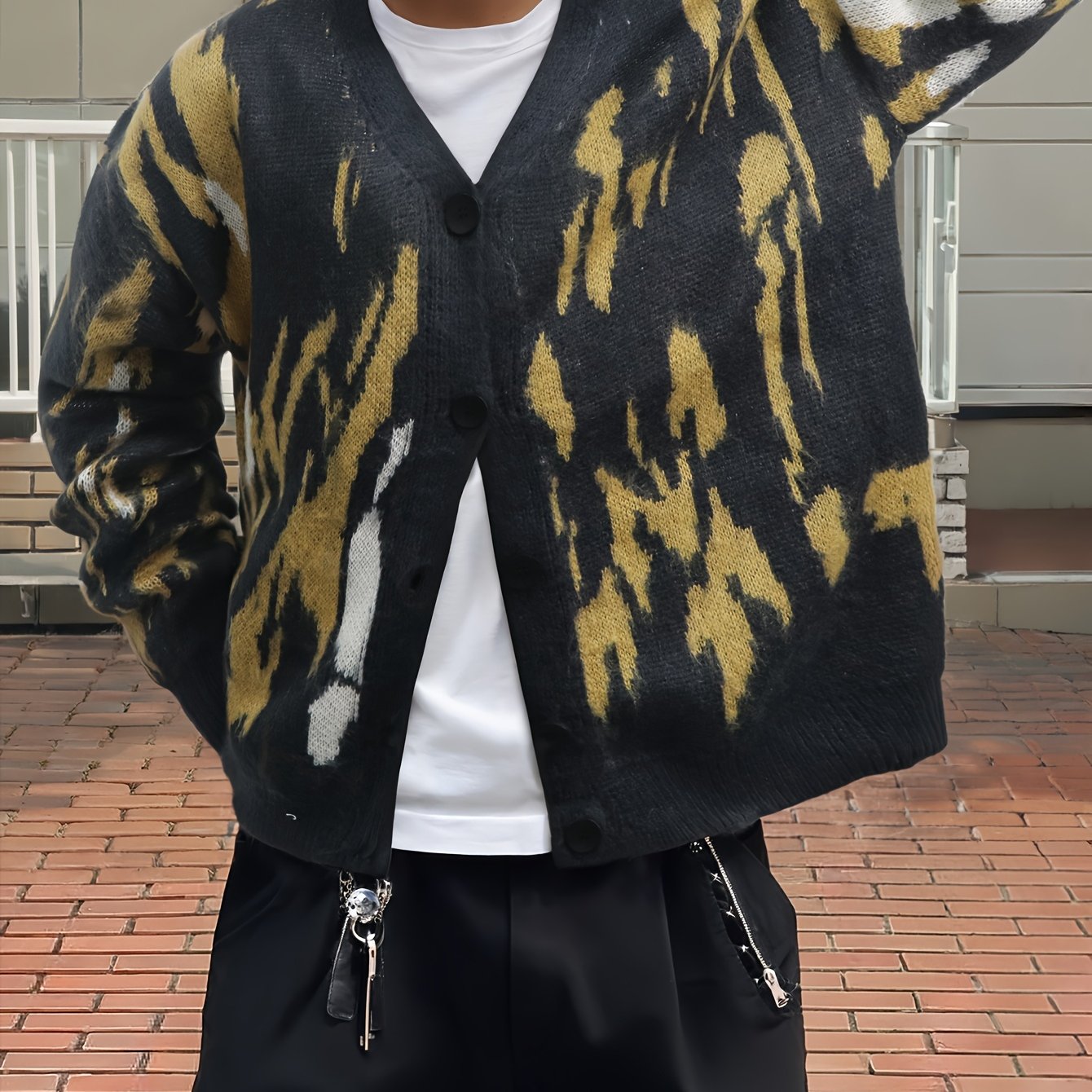 TEMU Hip-hop Style V-neck Cardigan - Casual Streetwear Sweater With Unique Button-, Long Sleeve, Stretch Knit Fabric, Non-sheer, Fall/winter - Available