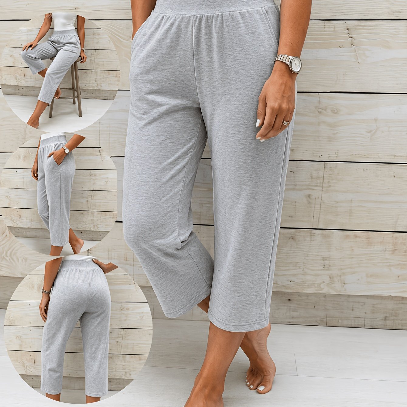 TEMU Women's Elegant Commuter Ankle Wide-leg Pants - Casual Stretch Elastic Waist, Pocket-equipped Trousers