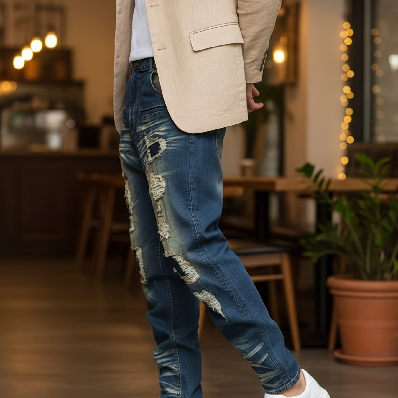 Image of [hme]men's Streetwear Jeans Mid-rise Stretch Slim Tapered Fit, With High-street Washed Ripped Details And Vintage . Multi- For Added Utility, Denim, Ykk Zipper Closure, Machine Washable, Trendy