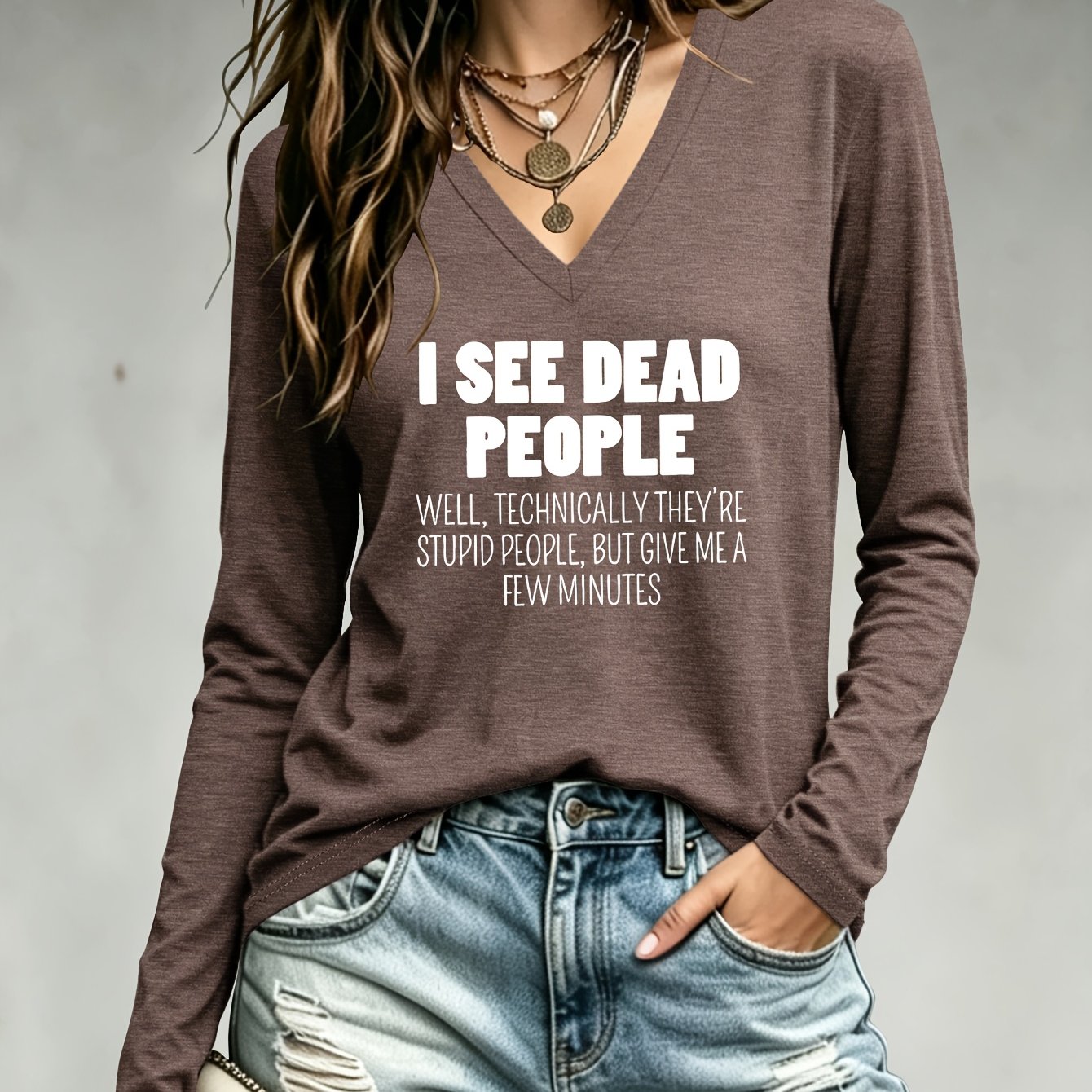 TEMU Autumn Women's Apparel With " Dead People" Humorous Print, Colored V-neck Casual Fashion T-shirt_9076