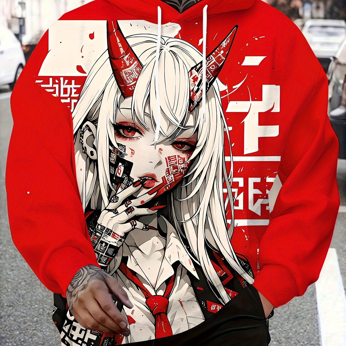 TEMU Hooded Sweatshirt For Men Featuring A 3d Anime Character - A Pullover Hoodie In Red, Black, And White Print, Equipped With Pockets, Perfect For