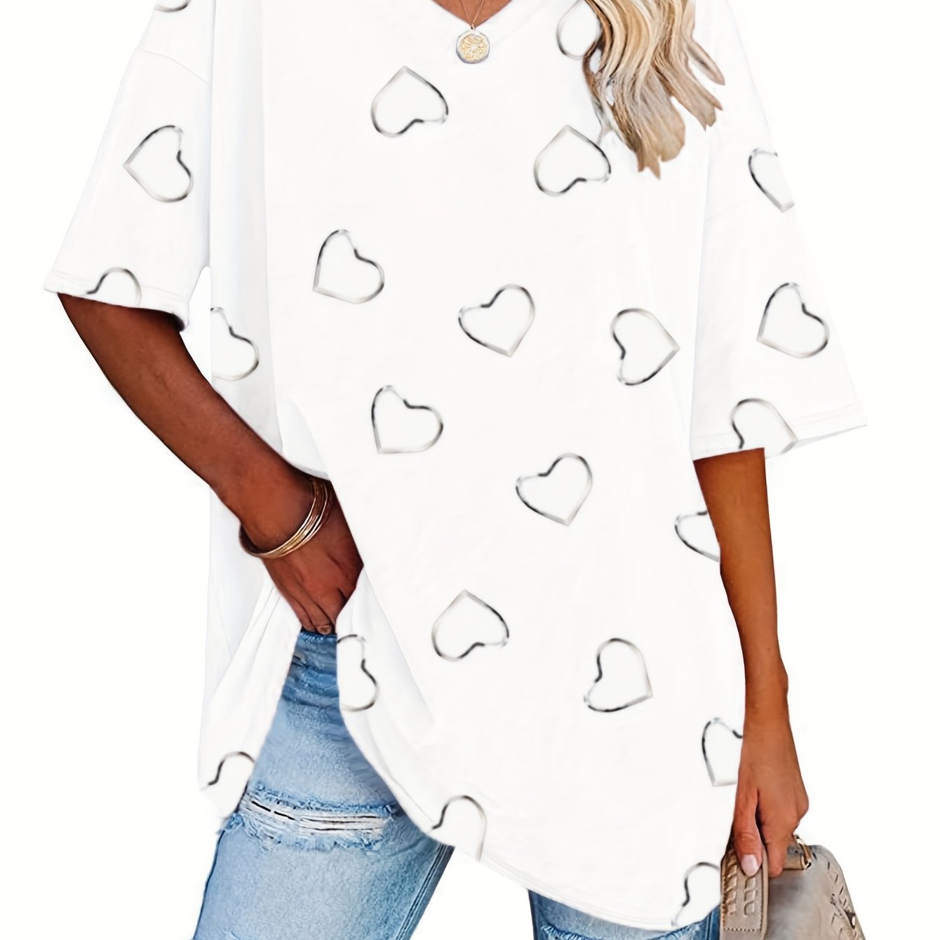 Plus Size - Plus Size - Plus Size Heart Short Sleeve V-neck Top