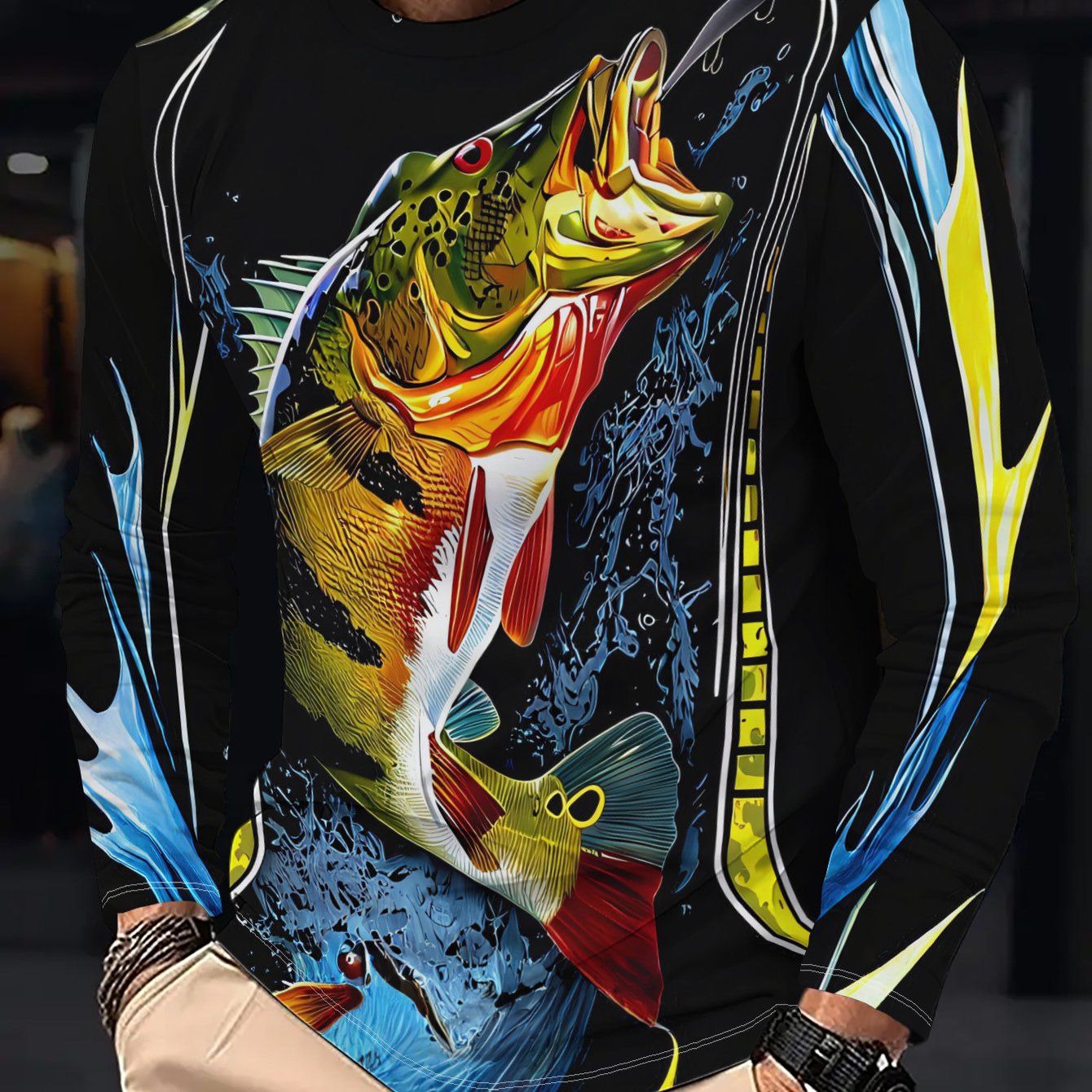 TEMU Men's Casual Long-sleeve T-shirt With Colorful Pattern Of A Large Fish Opening Its Mouth To Bite Bait, Surrounded By Water Grass And Bubbles,