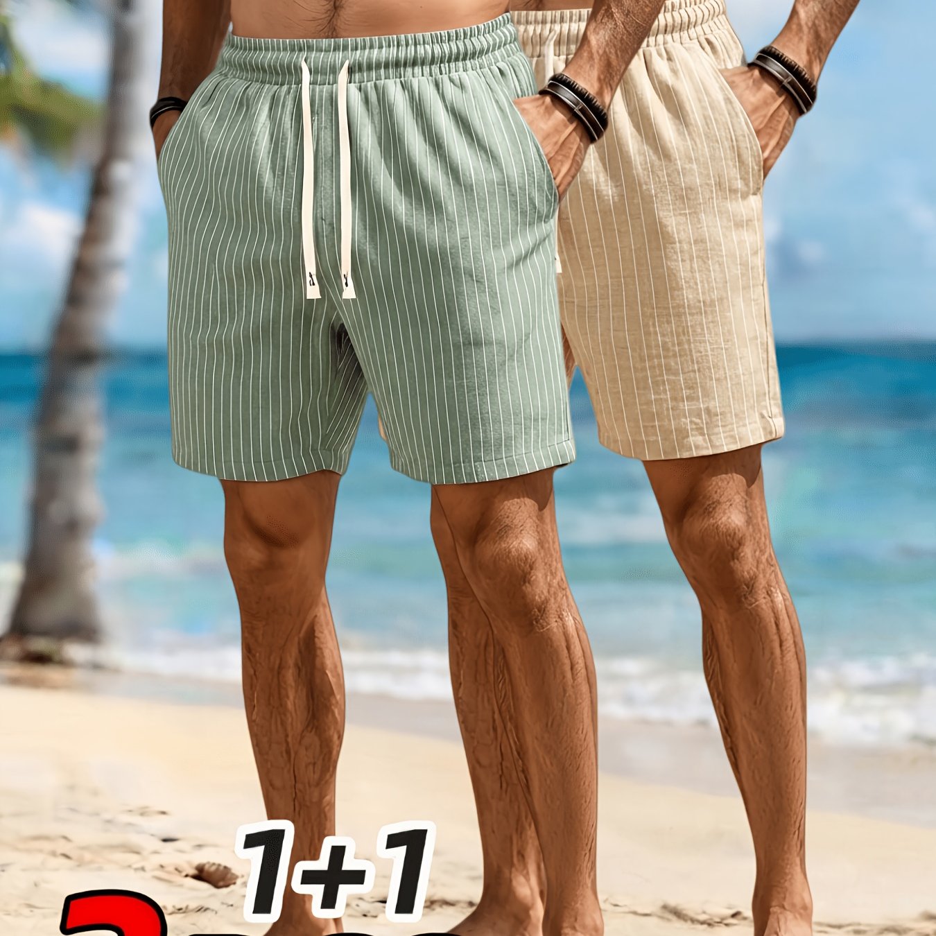 TEMU 2pcs Men's Casual Linen Shorts, Striped Drawstring Elastic Waist, Lightweight And Breathable Linen Summer Shorts, Suitable For Daily , Leisure,