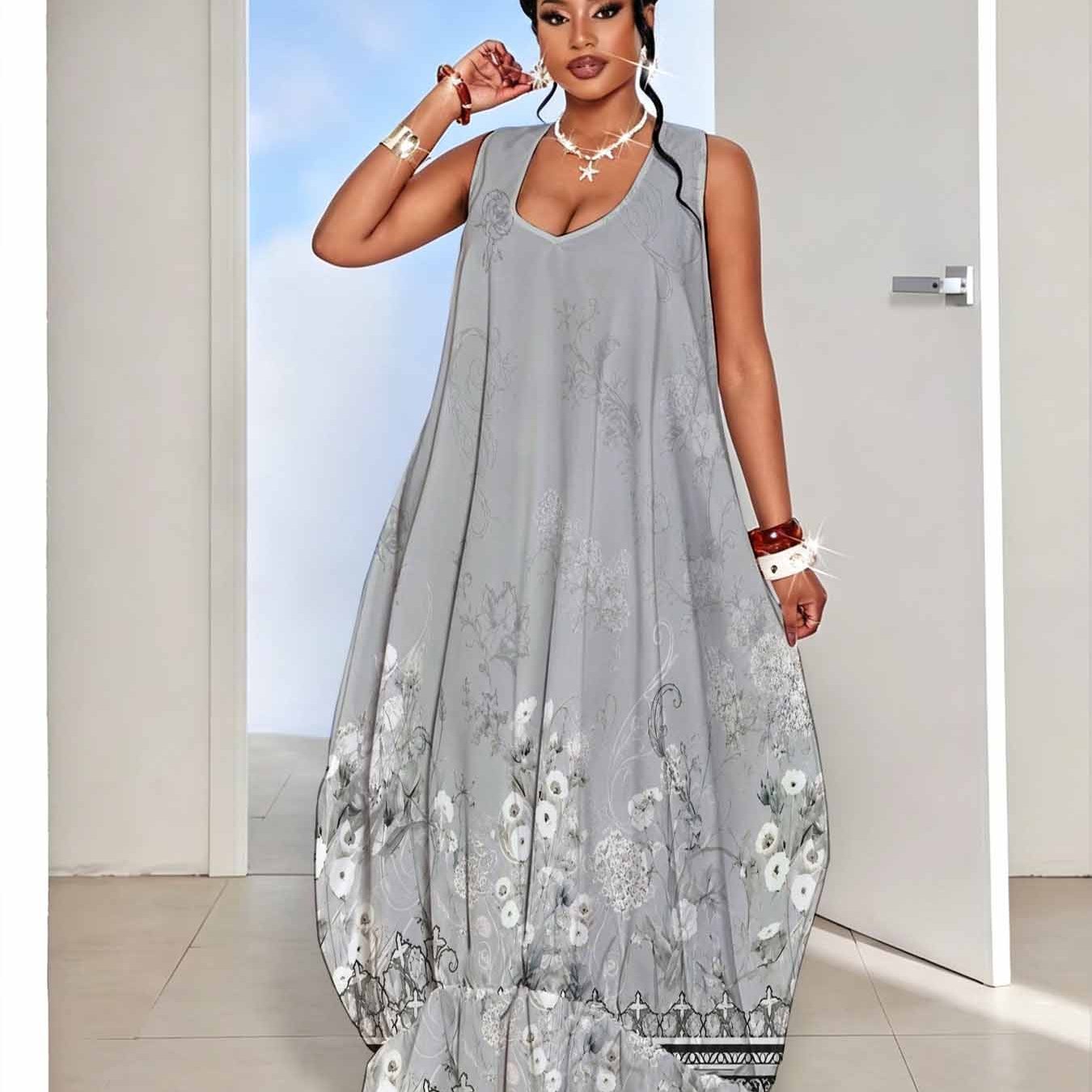 Image of Plus Size Botanical Print Dress, Women's Sleeveless Off-shoulder Loose Long Dress With Hem, Loose Fit, Monochrome, Elegant Vintage Victorian Style Summer Casual Vacation Maxi Dress