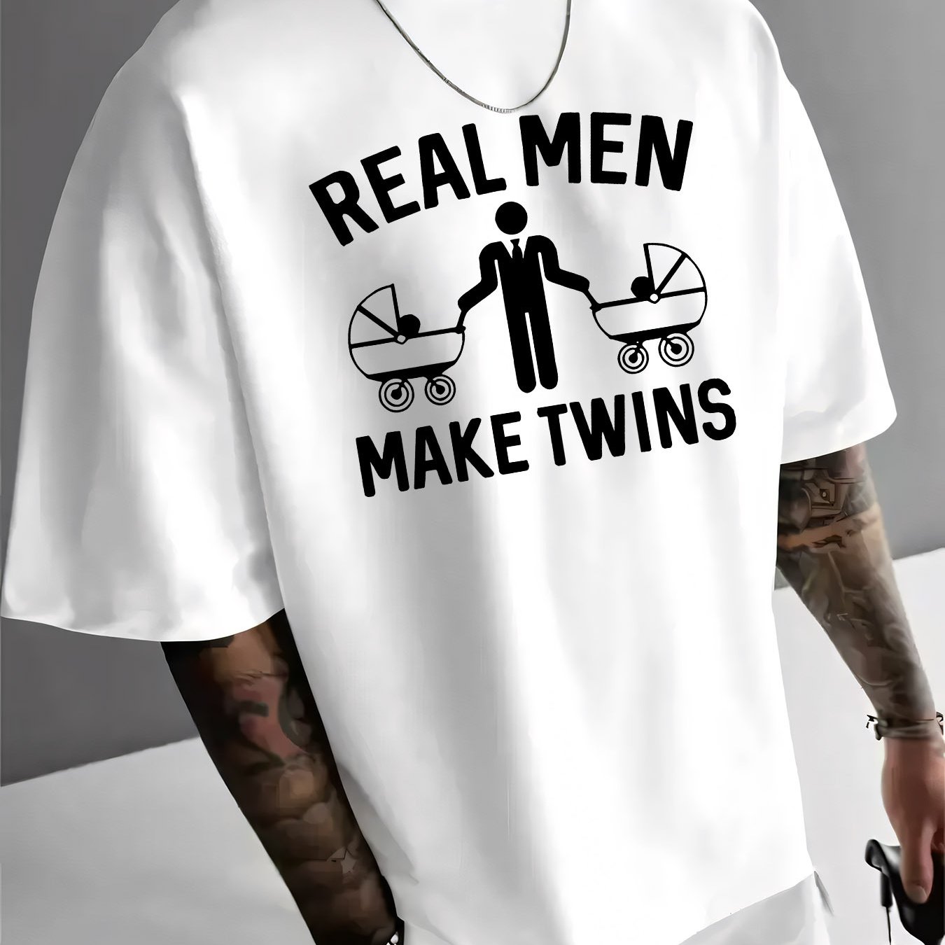 TEMU Dad Graphic Tee - "real Men Make Twins" Print, Casual Summer T-shirt For Him, Fabric, Round Neck, Everyday Tshirt | Message Tee |