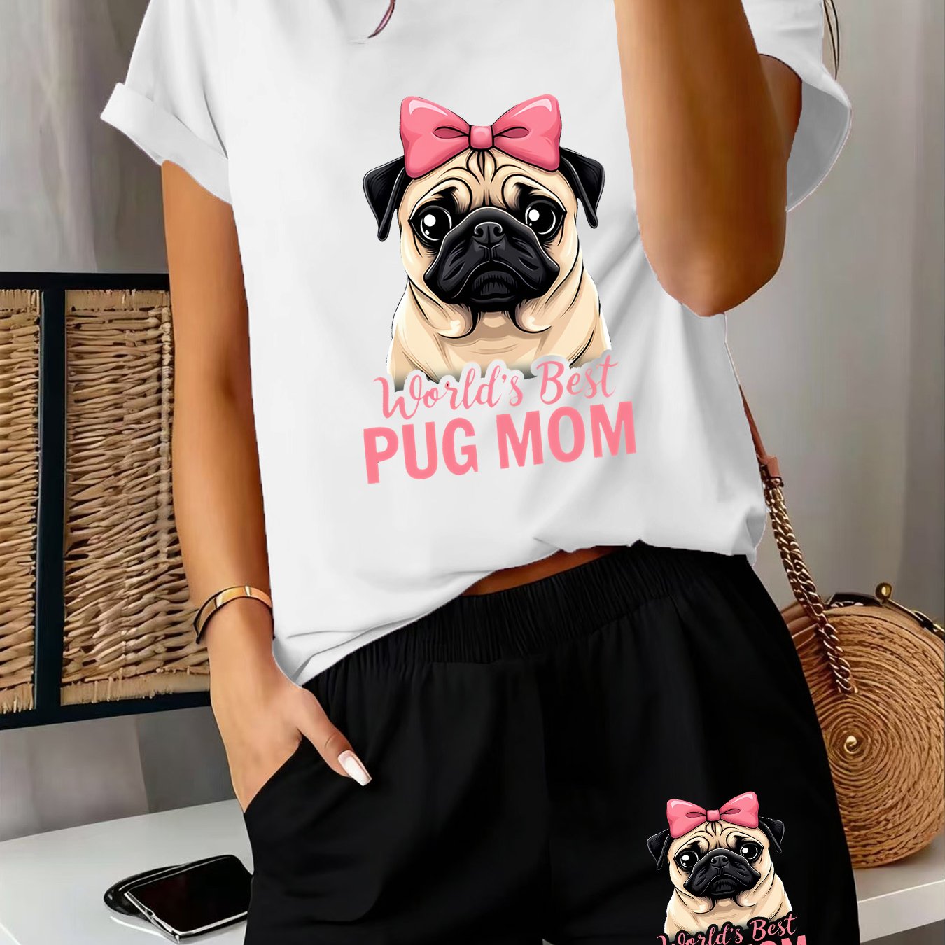 TEMU 2pcs Women's Summer Casual Athletic Short Sleeve And Shorts Set - Cute Bowknot Pug Dog Print Short Sleeve And Shorts Set, Comfortable Soft