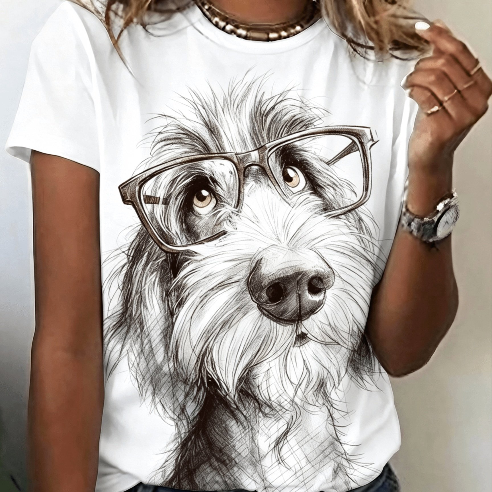 TEMU Casual Round Neck Short Sleeve, Retro Sketch Glasses Cute Dog Artistic Print, Pet Lovers Niche Travel Atmosphere Women's Clothing