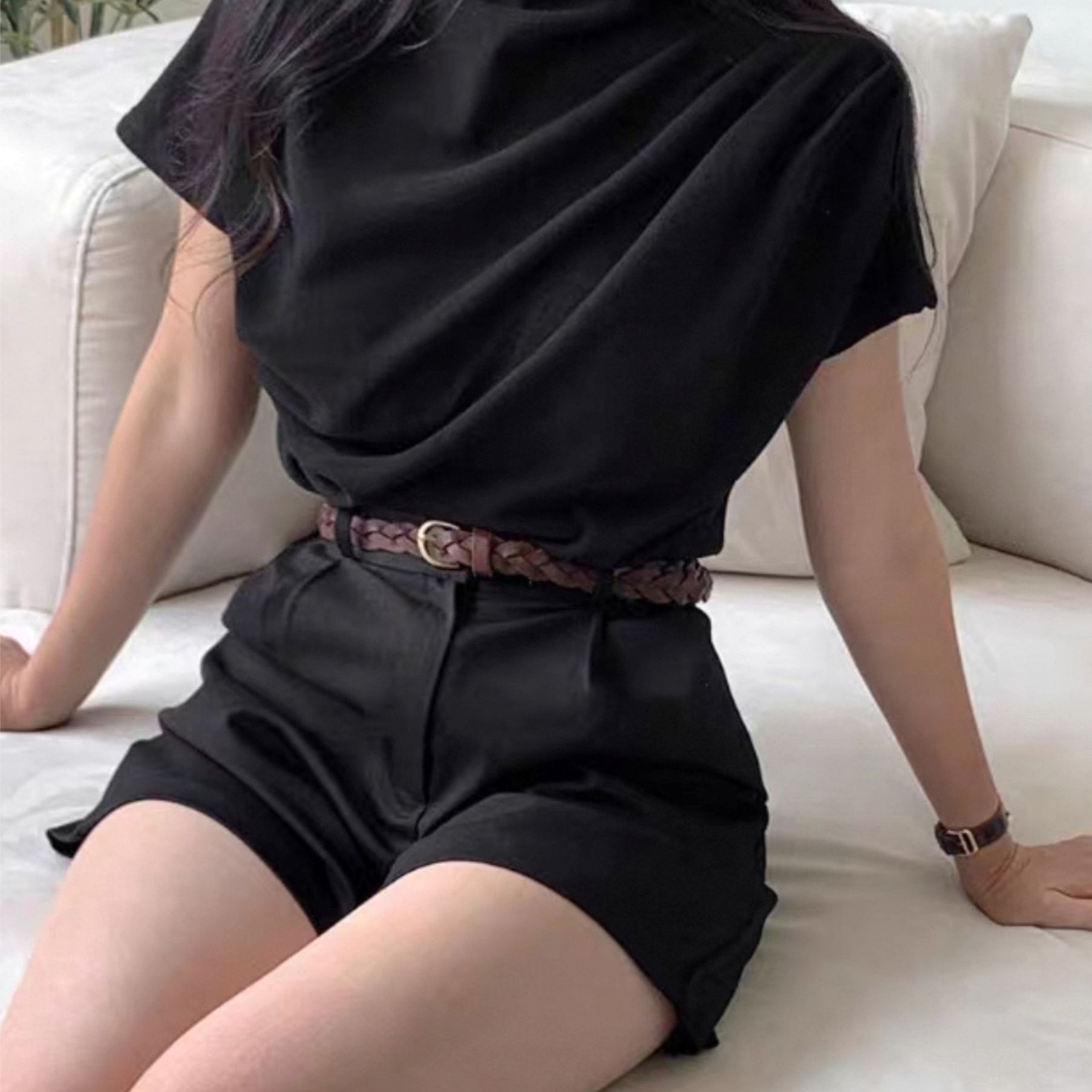 TEMU 푸어 데저 스타일 하프넥 셔링 티셔츠 여성용 허리 집어넣는 셔링 핫 반팔 통근 캐주얼 올매치 속옷 (목걸이 미포함)