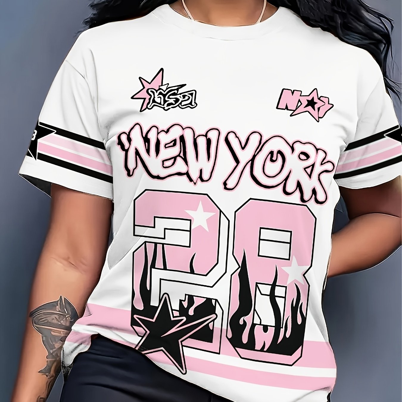 TEMU Women's "28" Graffiti Print T-shirt - Short Sleeve Casual Y Top With Iconic Number 28, Machine Washable Spring Summer Fall Outfits Suitable For