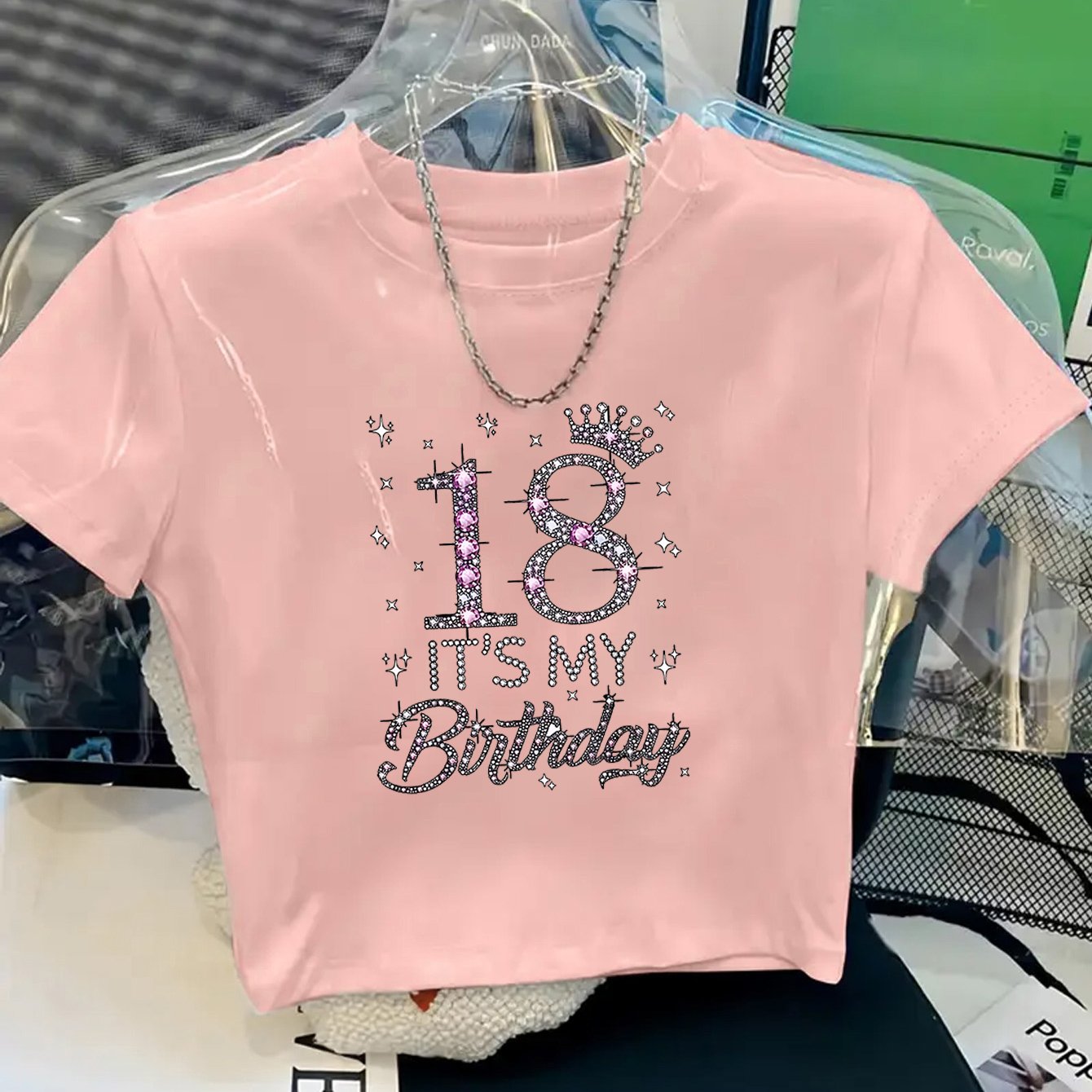 TEMU 1pc Women's Y2k Style 18th Birthday Party Sparkling Rhinestone Crown "' Birthday" Lettering Celebration Style 2d Printed Pattern Short Sleeve