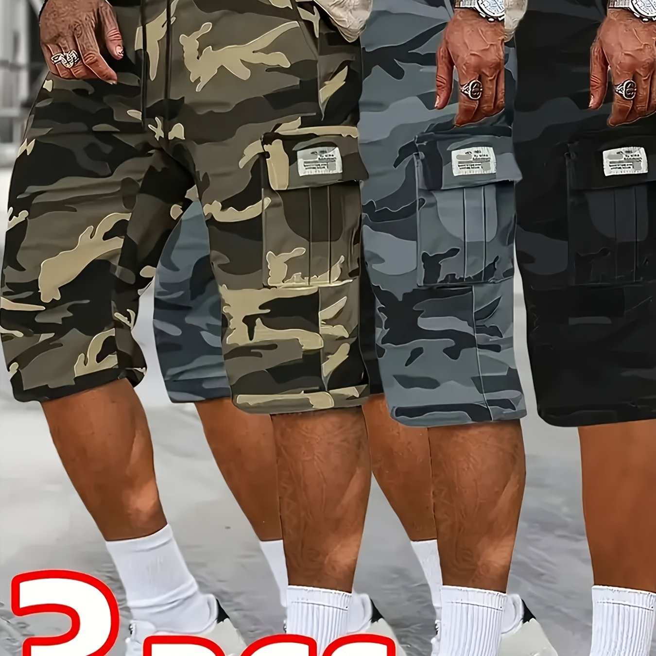 TEMU [father's Day Gift ] 3pcs Camo Cargo Shorts For Men, Knee-length Shorts With Flap Pockets And For Hiking, Hunting, Fishing, Work Shorts For