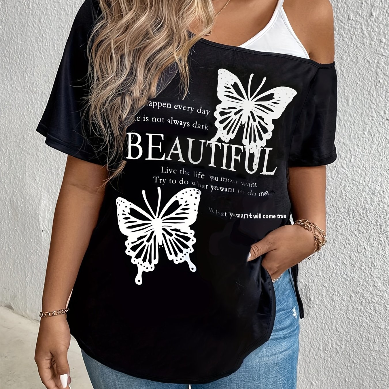 E-shop Plus Size - Plus Size - Plus Size Damen T-Shirt mit asymmetrischem Schmetterlingsdruck, Damenoberteil