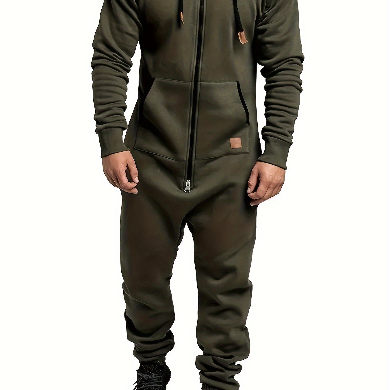 TEMU 's Hooded Fleece Lined Jumpsuit, Long Sleeve Full Zip Jumpsuit With Kangaroo Pocket, Winter Clothes For Men, Suitable For Spring Travel To ,