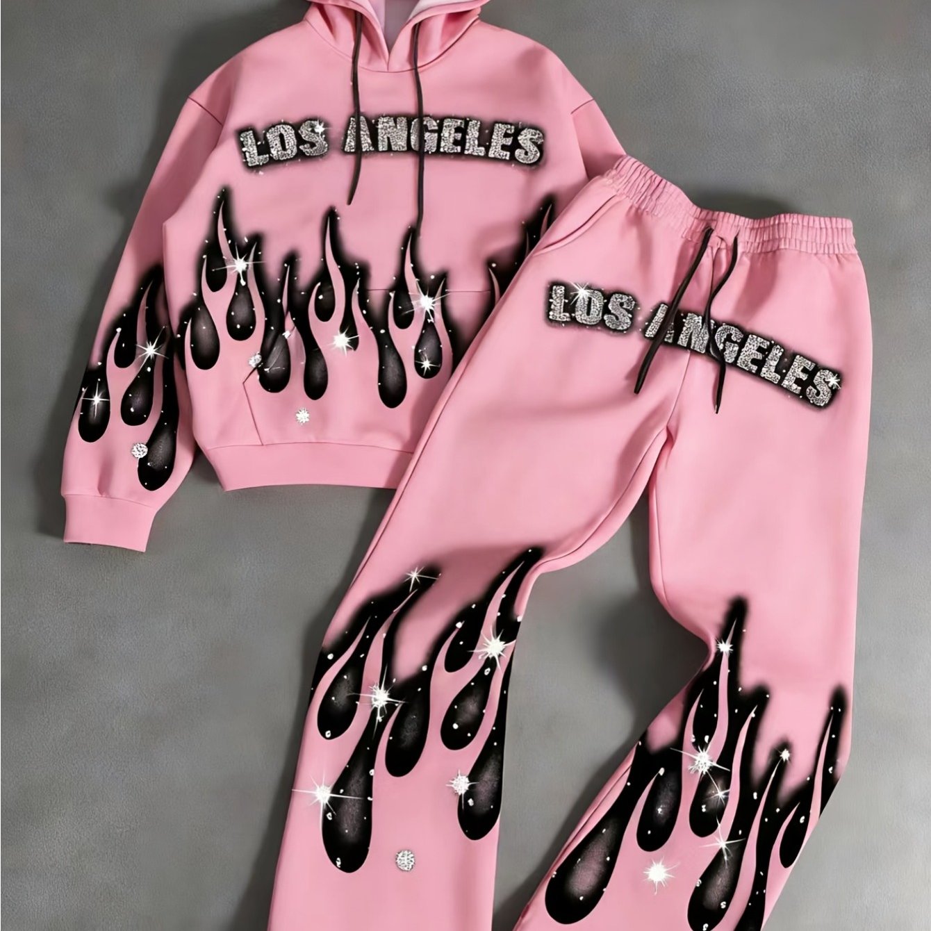 Men's Flame Print Hoodie And Straight Pants Set