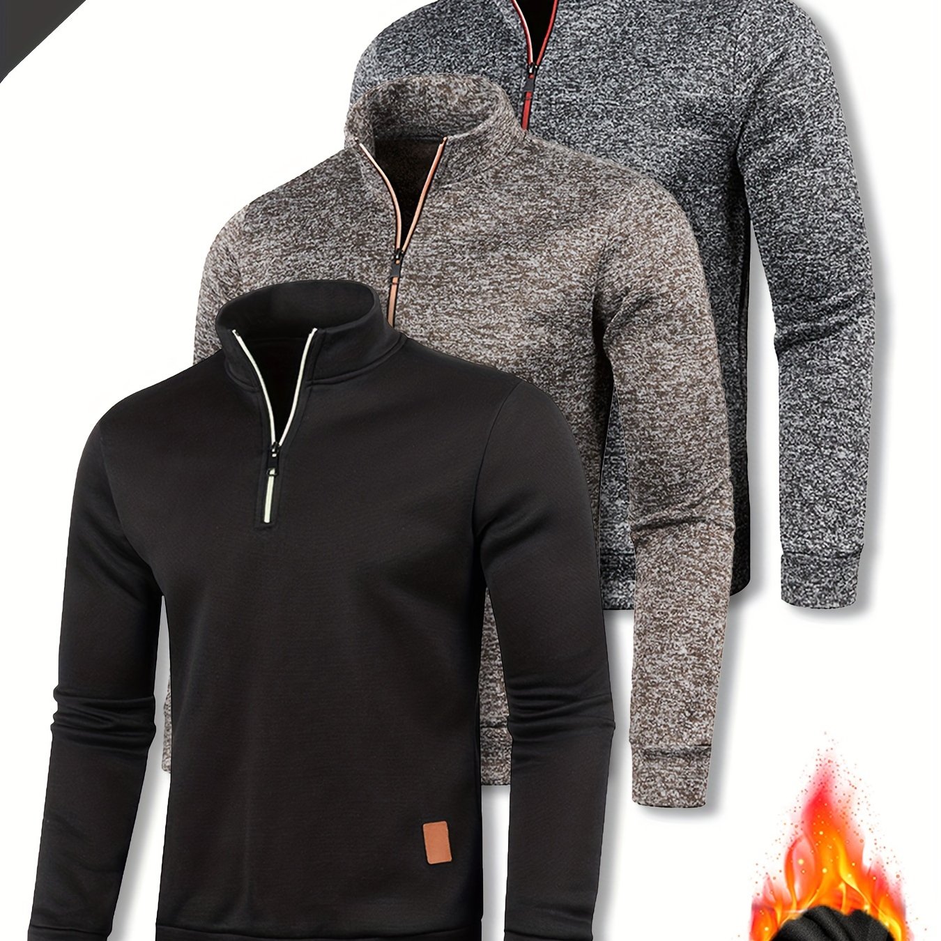 Men's 3pcs Set Of Half-zip Stand Collar Sweatshirts, Suitable For Spring, Autumn, And Winter, Featuring Fleece Material. This Stylish Set Includes 3 Half-zip Pullovers With A Stand Collar