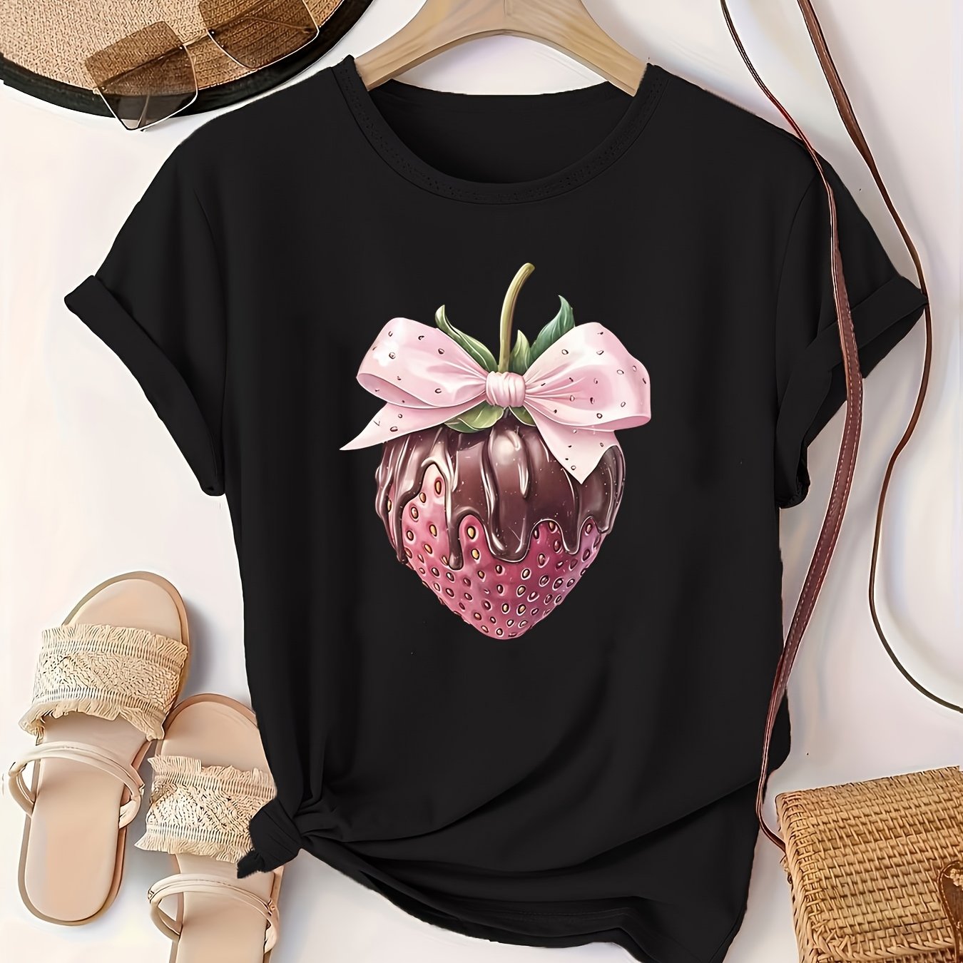 Plus Size - Plus Size - Cute Strawberry And Pink Bow T-shirt, Round Neck, Short Sleeve, , Machine Washable