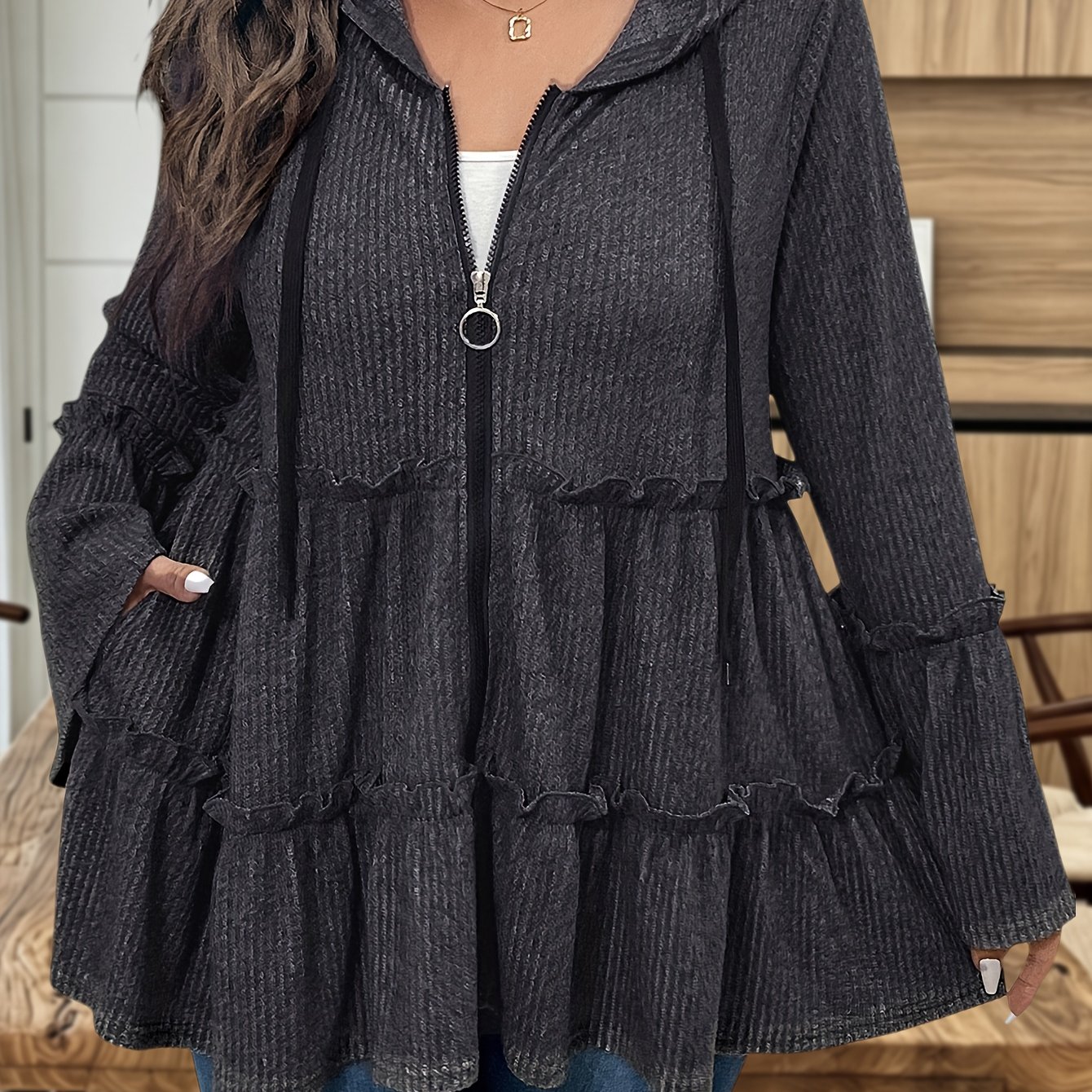 TEMU Plus Size, A Textured Vertical Stripe Hooded Cardigan With Drawstring, Long Sleeves, Side-seam Zipper, Pockets, Double-layer Ruffle , Umbrella
