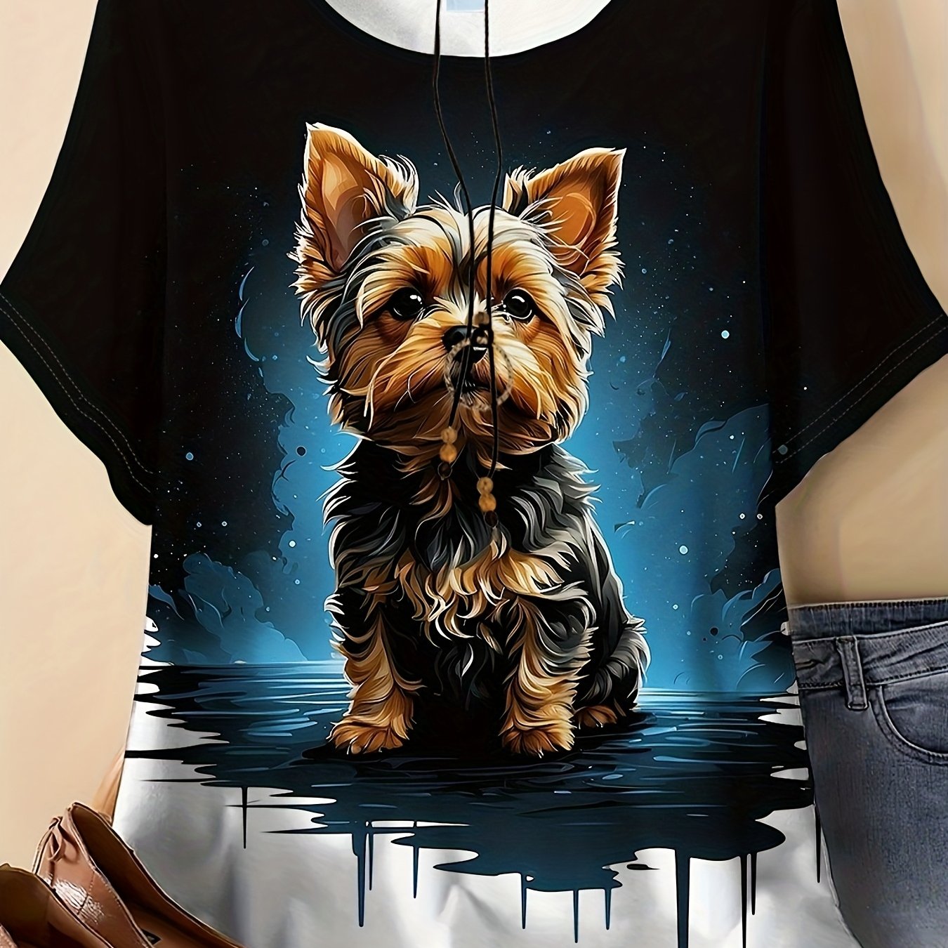 TEMU Plus Size, Plus Size Women's Wear, Women's Plus Size - Starry Sky Series Curly Puppy Pattern Printed T-shirt. Suitable For Travel, , Or As A