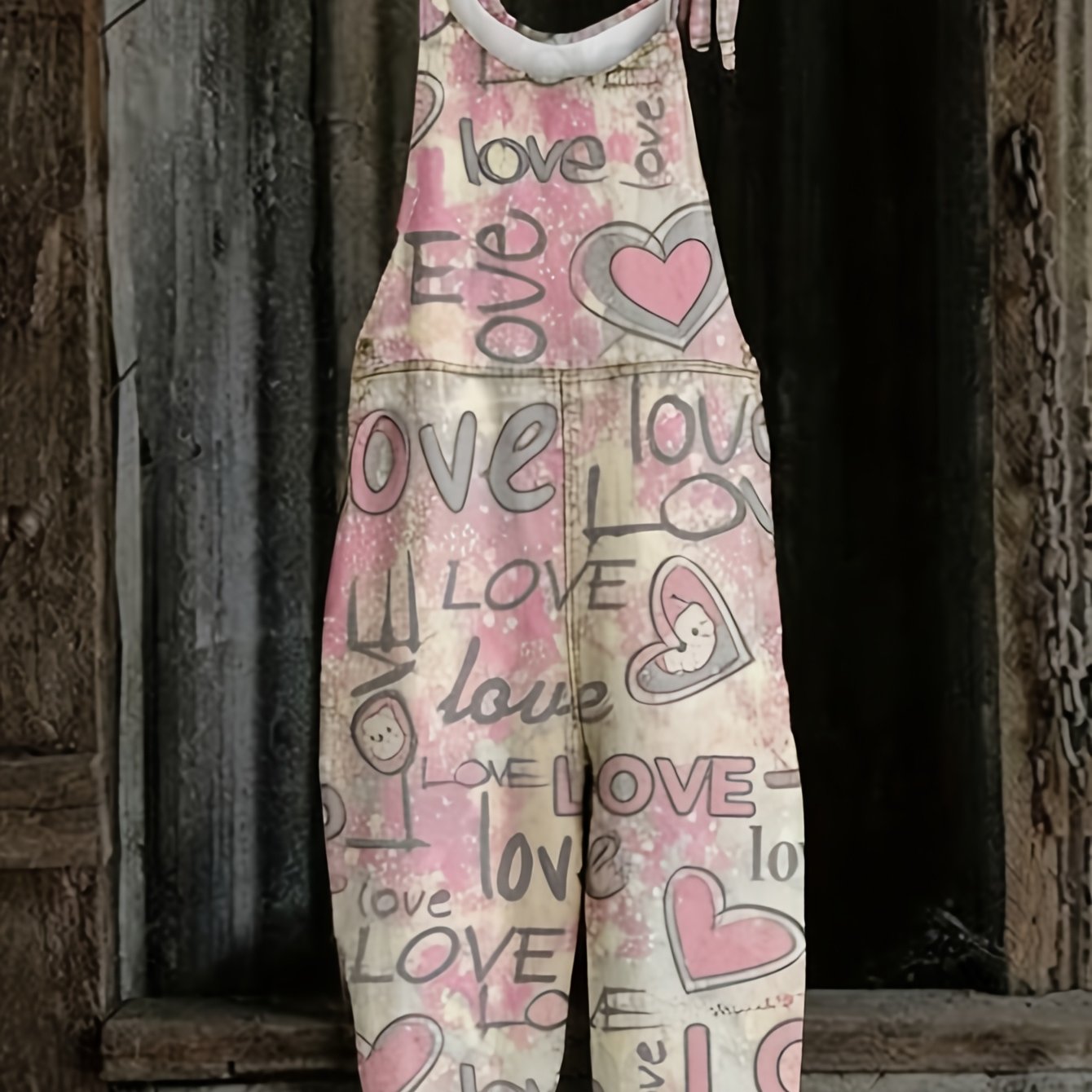 Image of New Arrival Pink And White Distressed Love Heart Print Design Overalls, Casual Comfortable & Cool Summer Overalls Women, Versatile Streetwear & With Special Fabric And Print