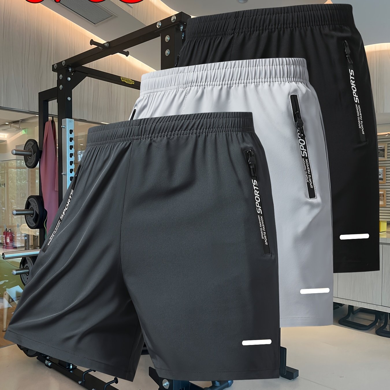 TEMU Set di pantaloncini sportivi casual da per attivit� , 3 pezzi, pantaloncini con tasche e zip in , traspiranti, ad asciugatura rapida, per