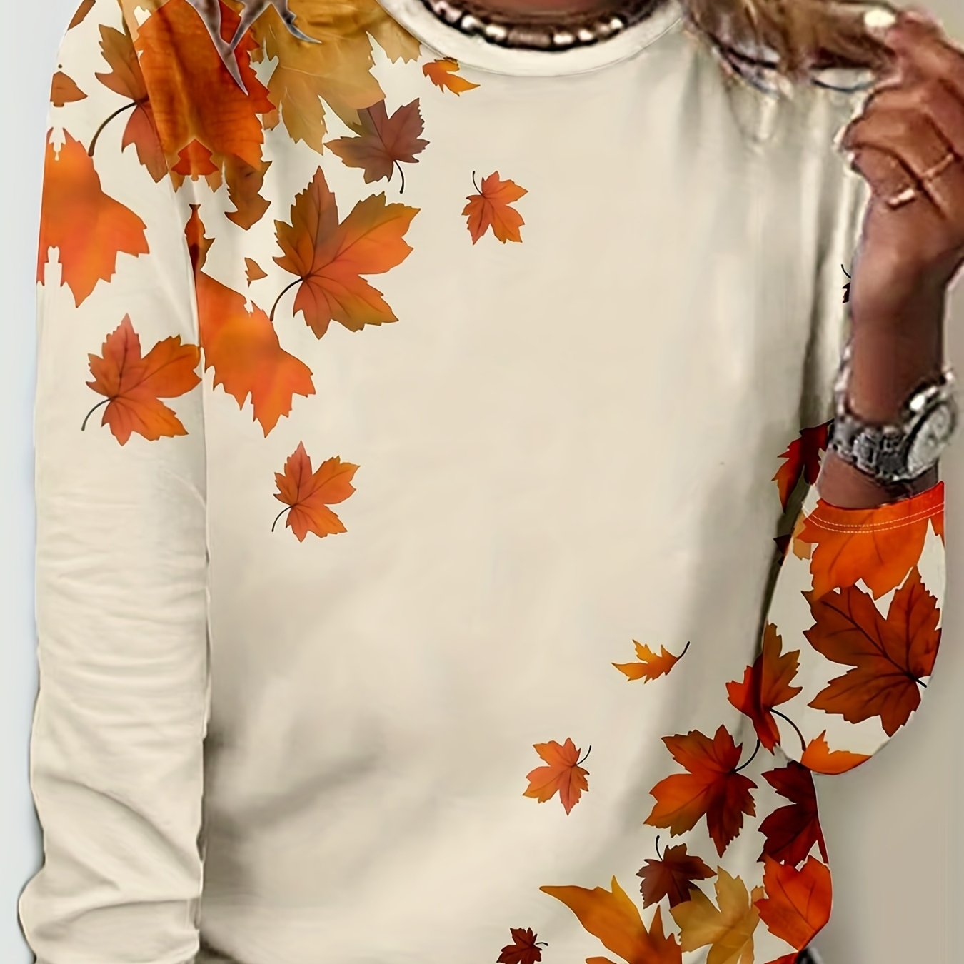 TEMU Fashionable Maple Leaf Print Long-sleeve Women's Top, Popular Round-neck Top For Daily Commuting