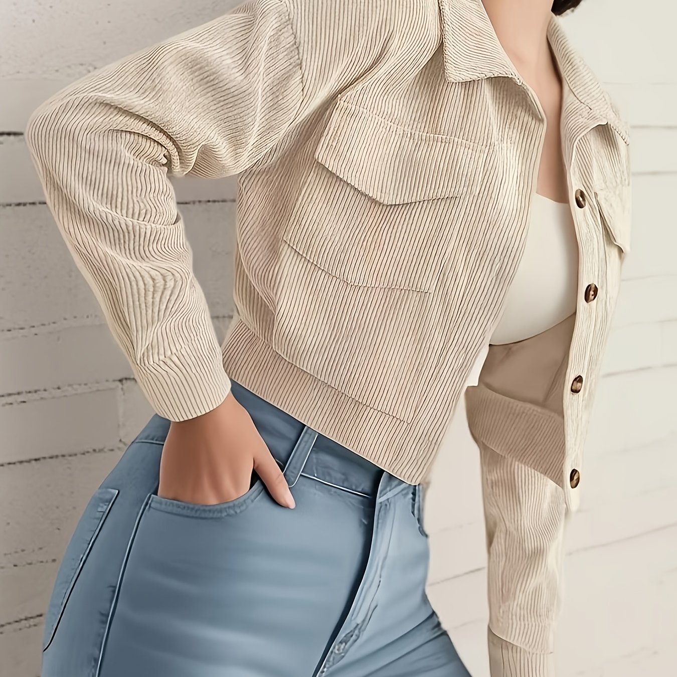 TEMU Flip-pocket Drop-shoulder Corduroy Jacket